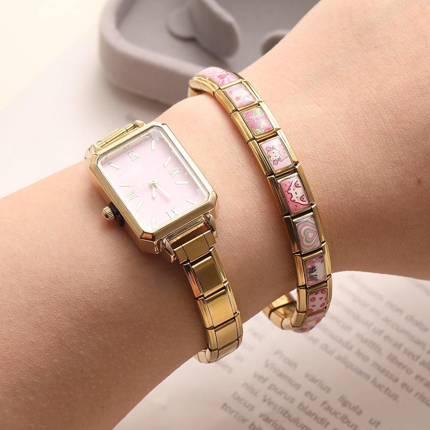 Italian Charms Watch Bracelet Gold Glitter 22Pcs Clock Charms Set with 1Pcs Starter Brascelet 9mm Italian Modular Charm Bracelet DIY Module Jewelry Gifts for Women