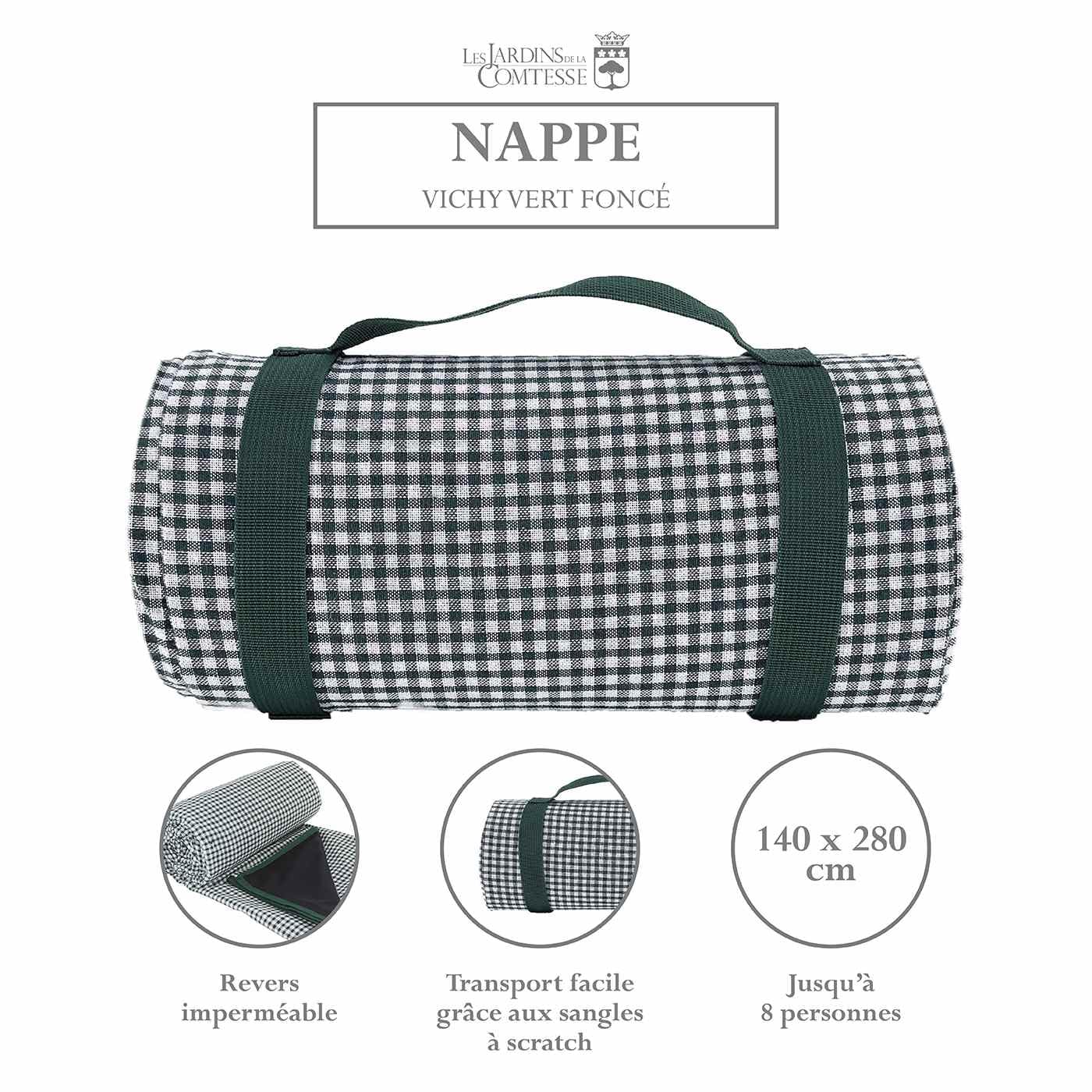 Les Jardins de la Comtesse - Nappe Pique Nique Rectangulaire XL Vichy Vert Foncé - Coton et Revers Imperméable Polyester - 280x140cm - Aussi pour Table de Jardin - 8/12 Personnes - Couverture Picnic