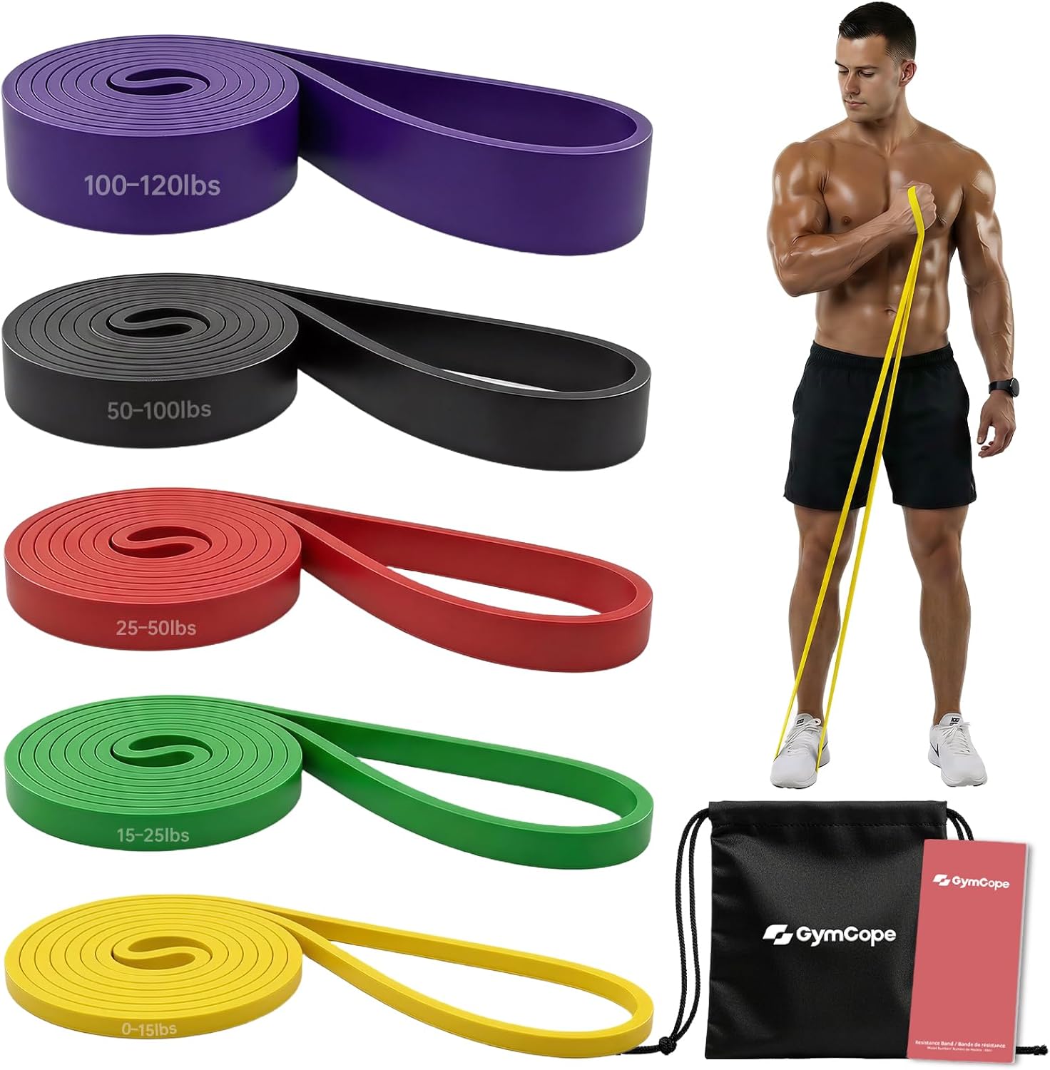GymCope Pull Up Resistance Bands - Assistance Bands Sets of 3/4/5 for Men & Women, Heavy Duty Workout Exercise Bands for Body Stretching, Muscle Training, Instruction and Carry Bag Included