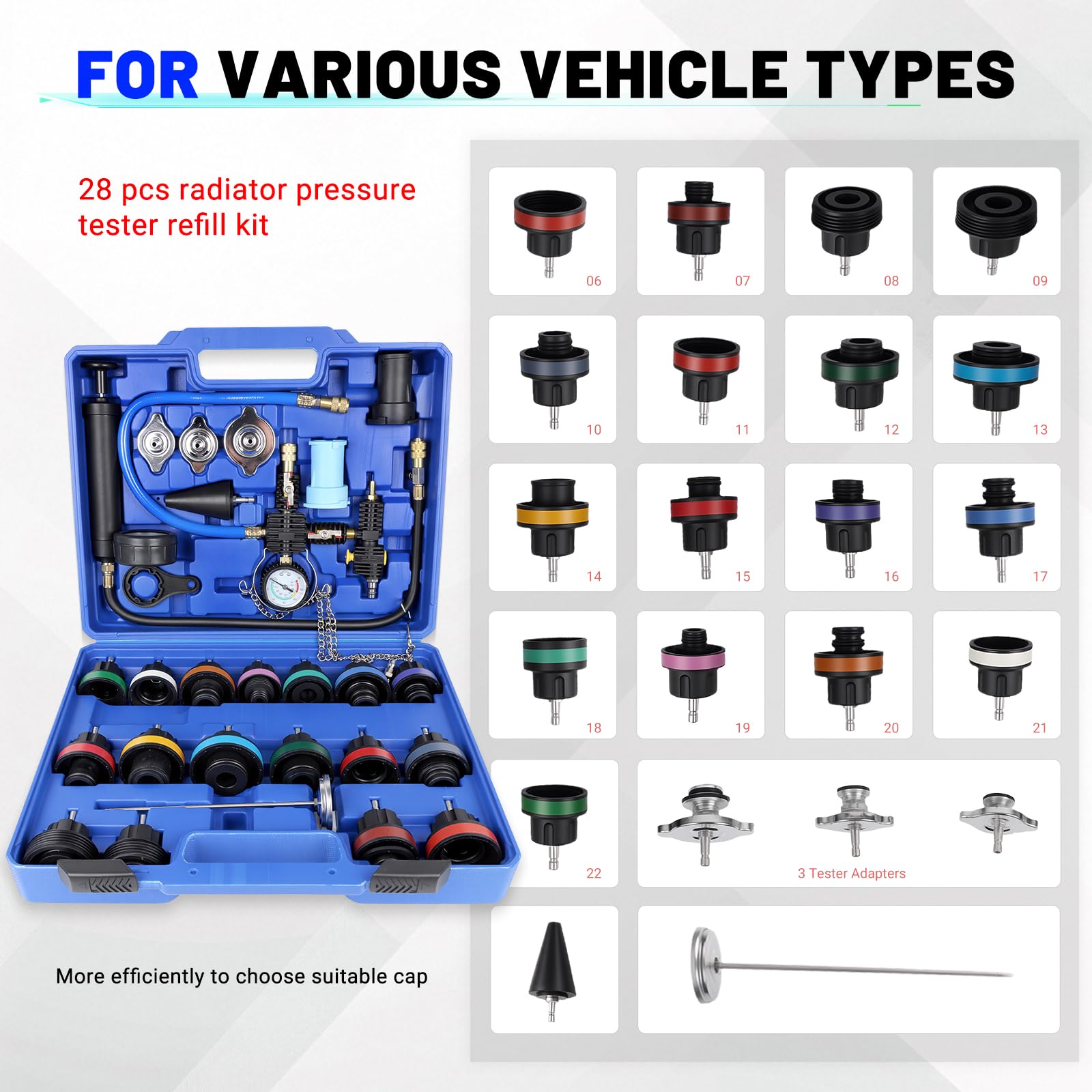 OiLiehu Kit de Presión de Refrigerante y Anticongelante 28 Piezas Universal: Probador, Purga y Llenado para Radiador de Coche, con 17 Adaptadores y 3 Tapones de Prueba