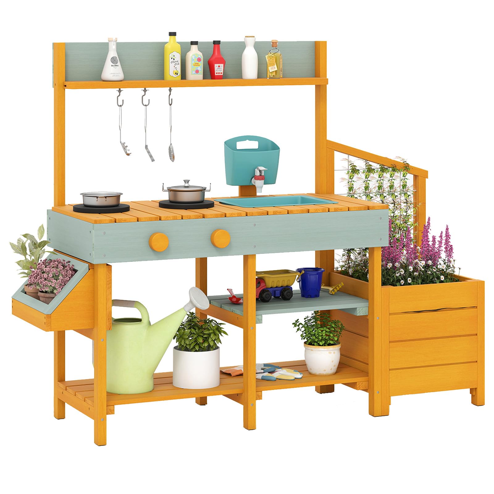 DREAMADE Matschküche Kinder Outdoor, Kinderküche Tannenholz mit Pflanzkasten & Rankgitter, Spielküche mit Wassertank, Herd, Spülbecken, Outdoor Küche mit Zubehör für Kinder ab 3 Jahren (Gelb)