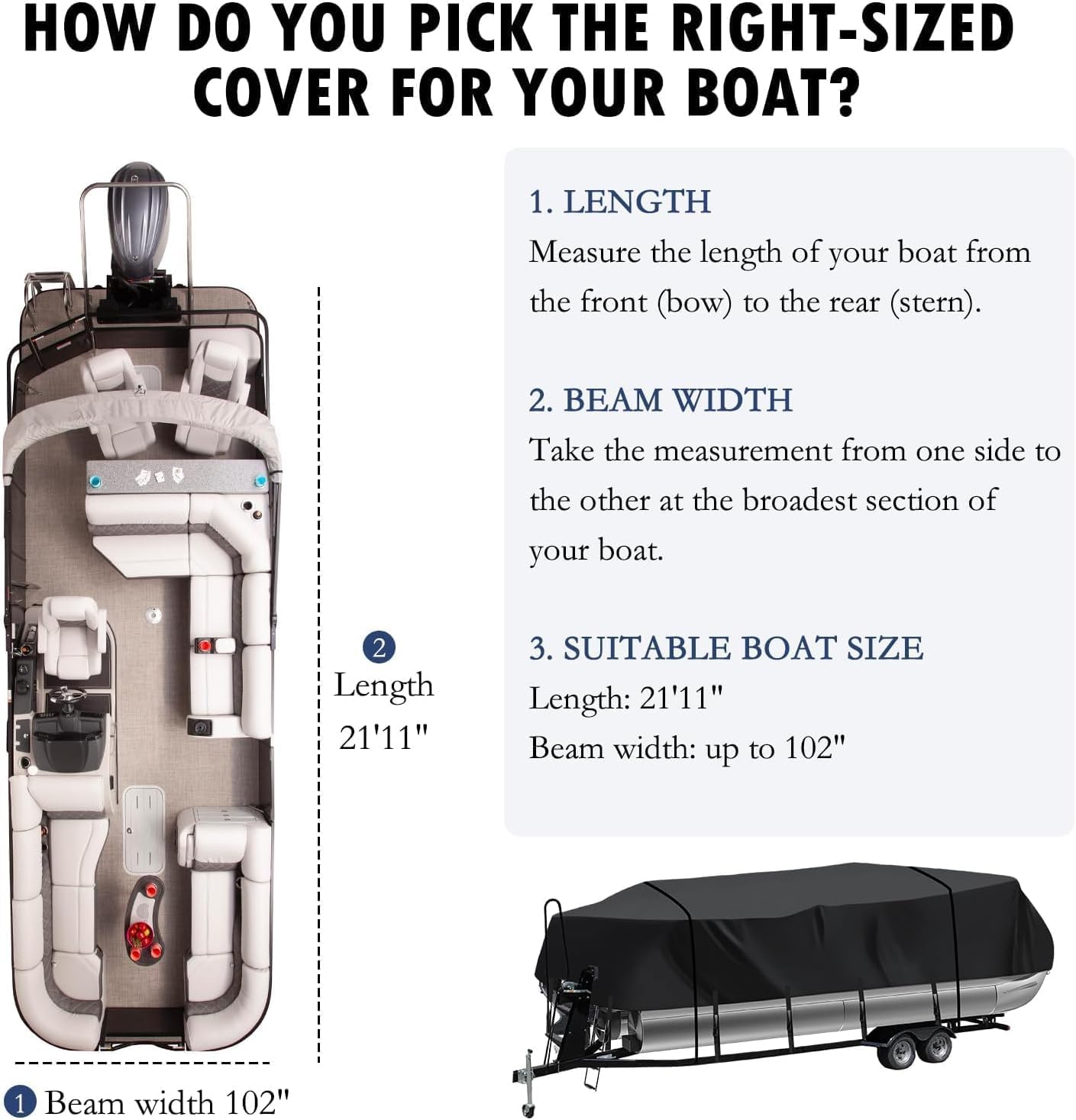 Heavy Duty 900D Pontoon Boat Cover, 20'2''-22' Marine Grade Waterproof Cover with Adjustable Windproof Tightening Strap & Anti-UV for SunTracker Party Barge/SPORTFISH/Fishin Barge