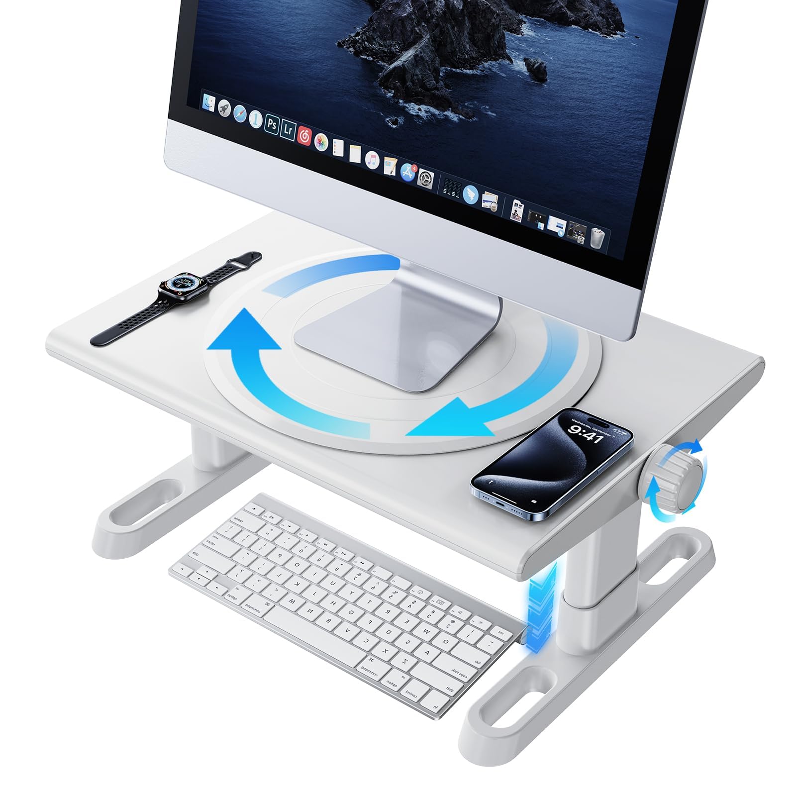 Monitorständer,360° Drehbar HöHenverstellbar Monitor Erhöhung Schreibtisch Erhöhung Monitor Stand Riser,Ergonomisch Desktop Bildschirmerhöhung Ständer für Computer,Laptops,PC,TV (Weiß)