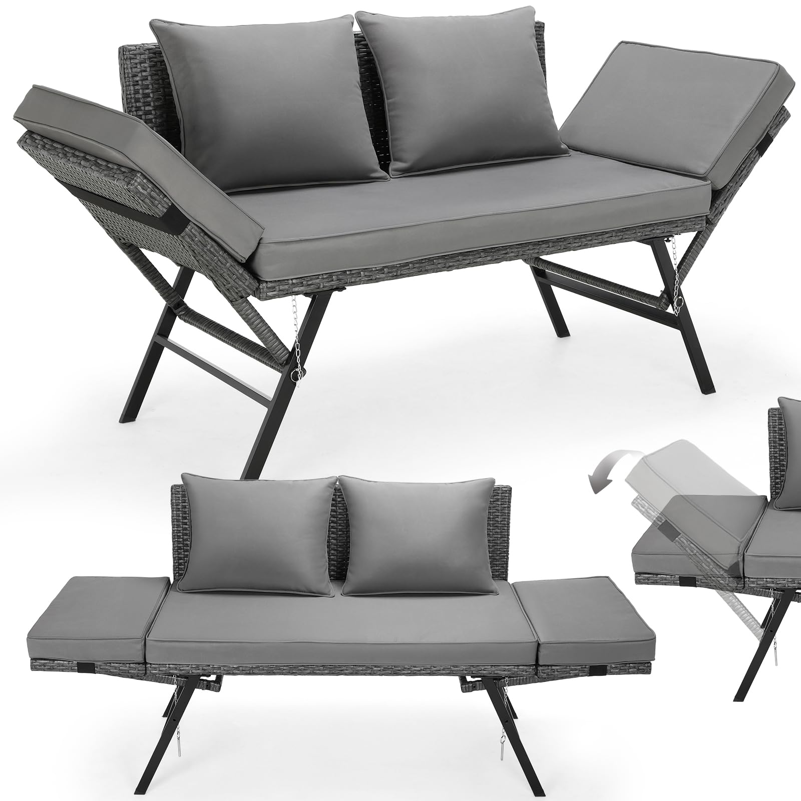 Divano Esterno Giardino in Polyrattan con Funzione Reclinabile, Divanetto da Esterno 2 Posti,Mobili da Giardino in Rattan,Divano in Polyrattan con Braccioli Regolabili,per Giardino,Terrazza (Grigio)