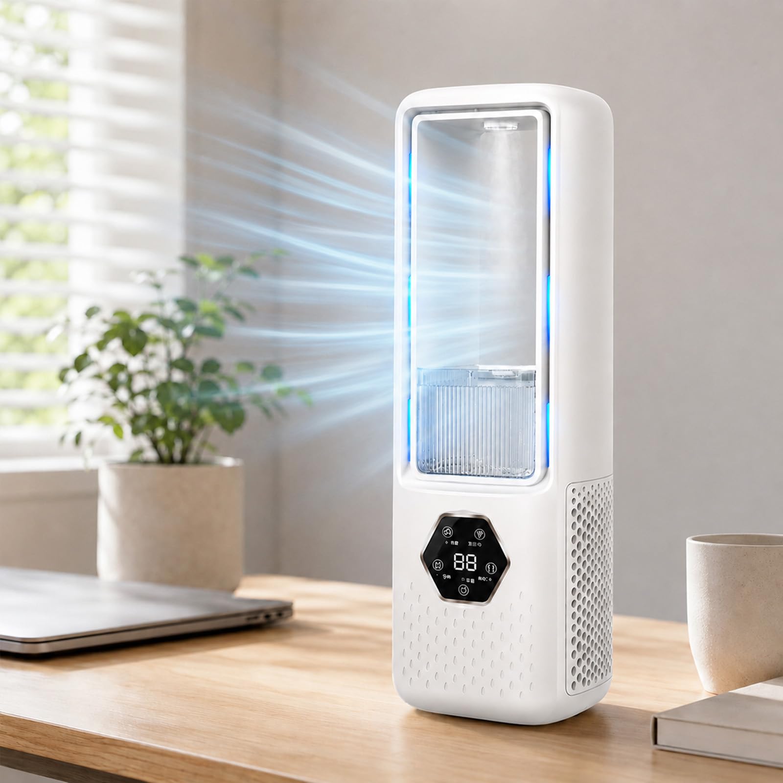 DVDVBOOM Bladeless Fan with Cooling Mist, Quiet Desk Tower Fan with LED Display, 6 Speeds, 12H Timer, USB Powered Portable Cooling Fans with Night Light for Bedroom Home Office Travel
