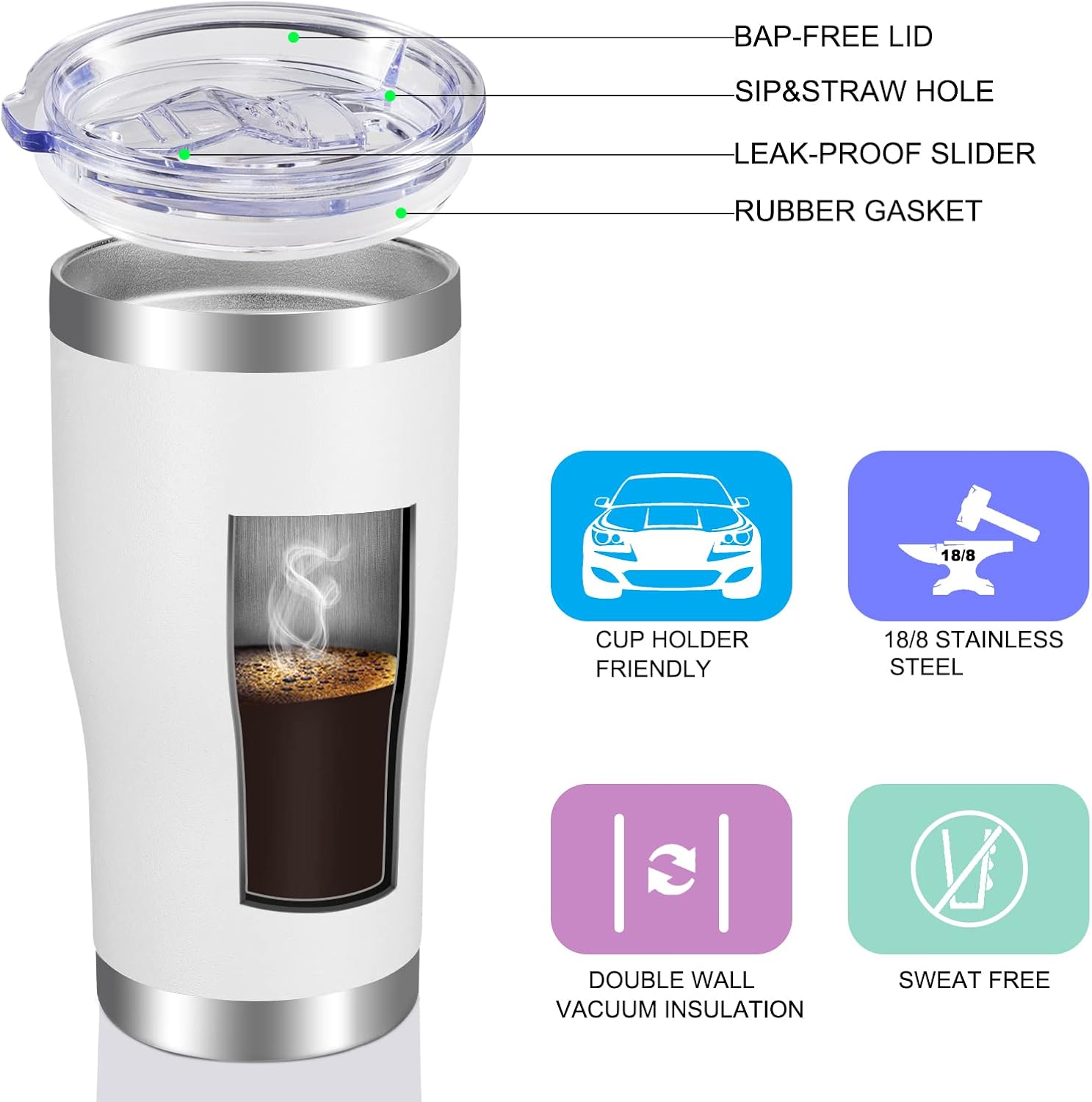 VEGOND 20oz Tumbler Stainless Steel Tumbler Cup with Lid And Straw Vacuum Insulated Double Wall Travel Coffee Mug(White 12 Pack) - Image 3