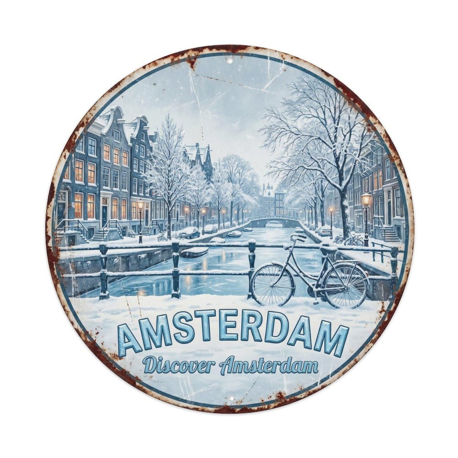 Vintage Travel Amsterdam Winter Snow Metal Tin Sign Plaque Wall Decor for Cafe, Club, Garden Round Metal Poster 8x8Inch