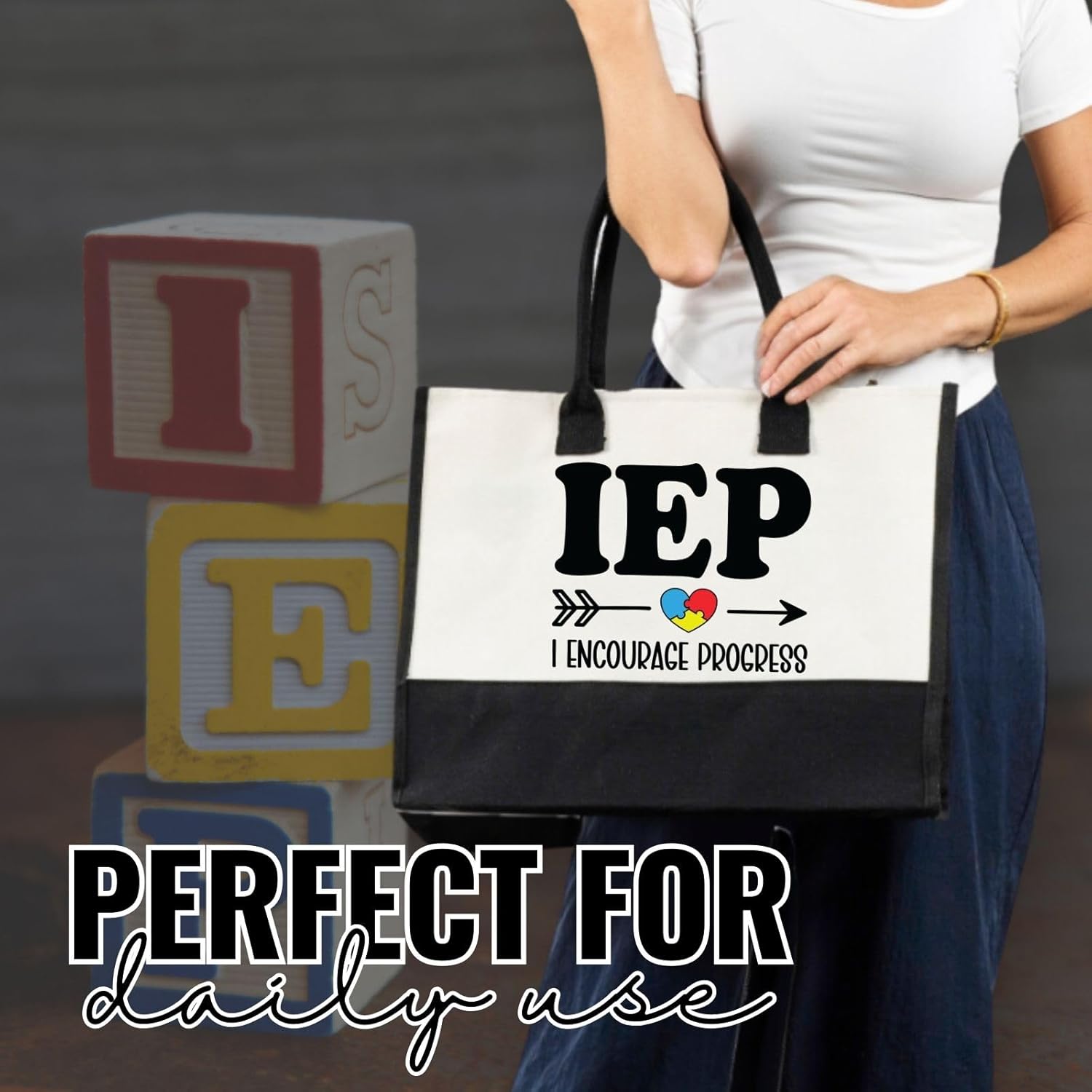 InnoBeta Special Education Teacher Gifts, Canvas Tote Bag, Tote with Top Zipper Closure and Shoulder Strap, Teacher Appreciation Week Gifts