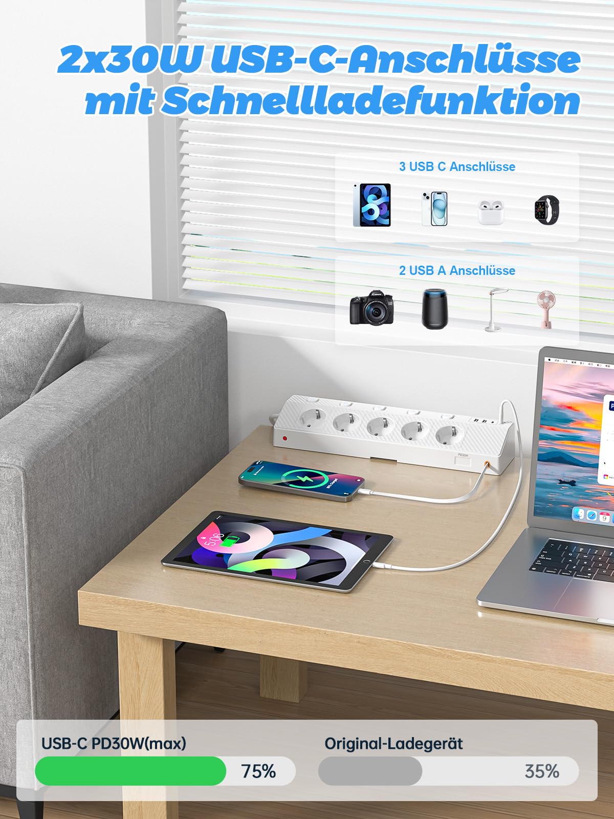 Ciabatta elettrica da tavolo con morsetto USB PD 30 W, 5 prese, multipresa da scrivania con protezione da sovratensione e commutabile singolarmente, presa angolare 10 in 1 con cavo da 3 m, bianco