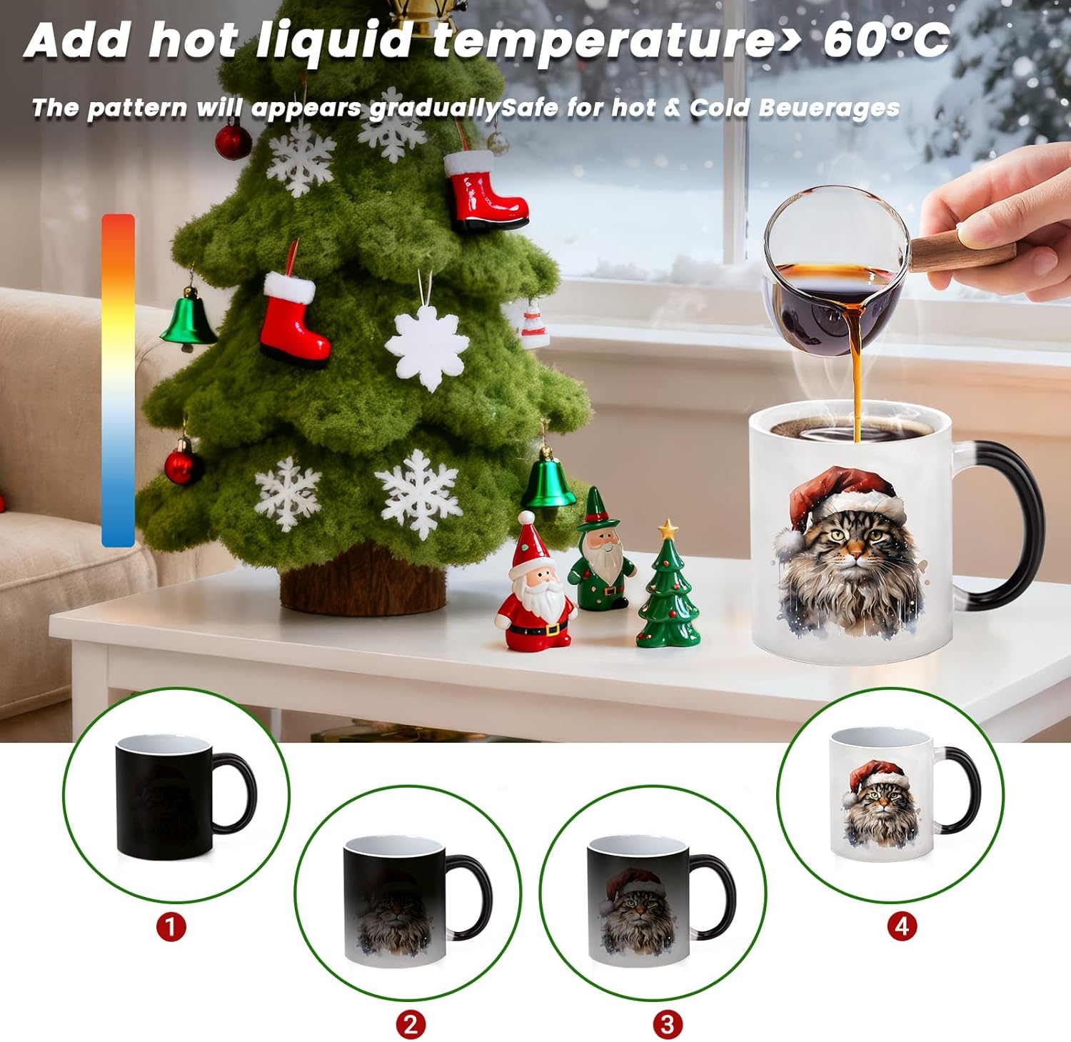 Caliamary Heat Changing Mug, Funny Cat Heat Changing Ceramic Coffee Mug, 11 oz Heat Sensitive Color Changing Coffee Mug Cup, Cute Xmas Gift Mug for Women Men Kids… (Brown cat) - Image 2