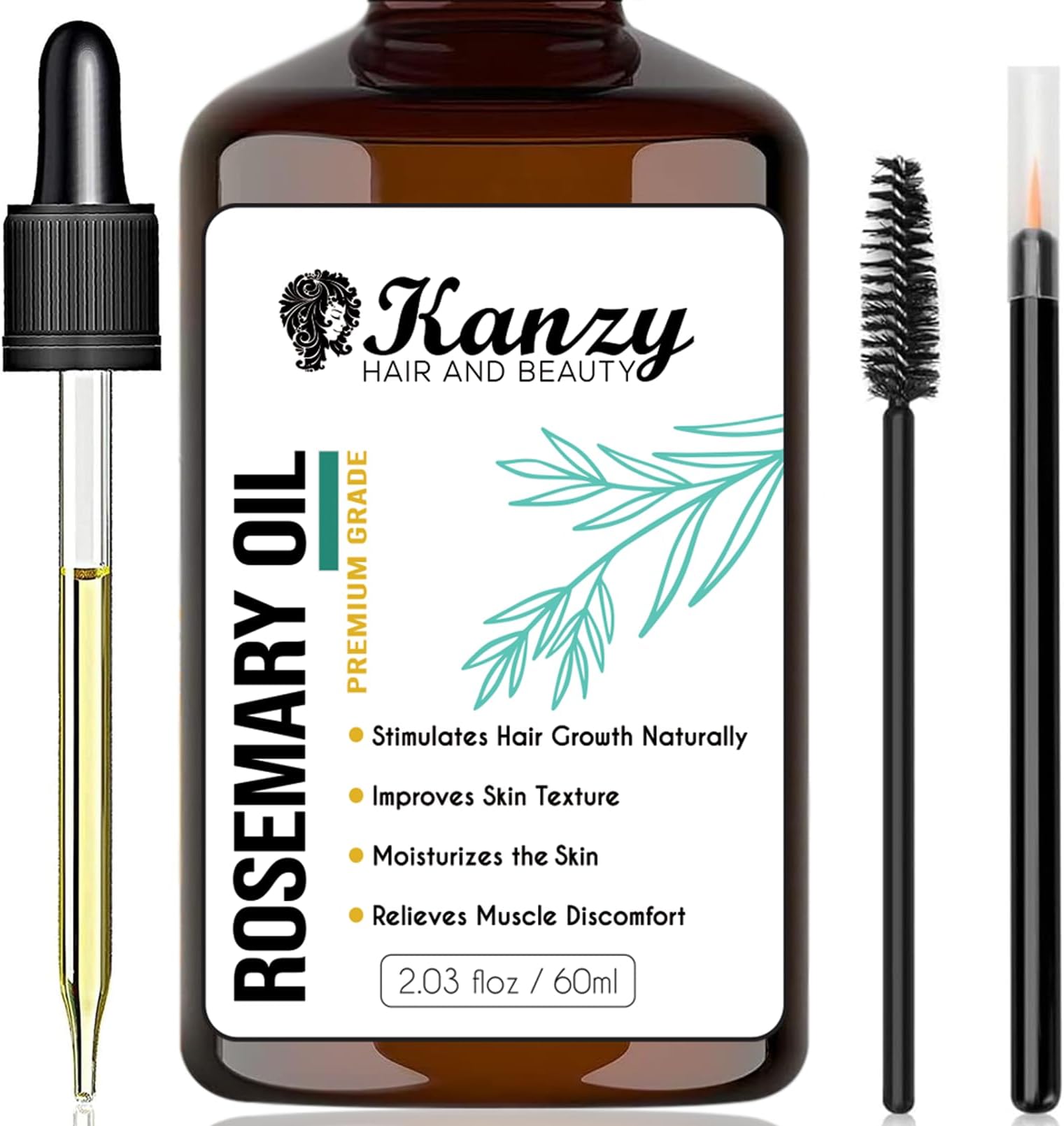 Kanzy Rosemary Oil for Hair Growth 60ml, Pure Rosemary with Applicators for Dry, Damaged Hair, Beard, Eyebrow & Lash Growth, Itchy Scalp, Massage Oil & Skin Care
