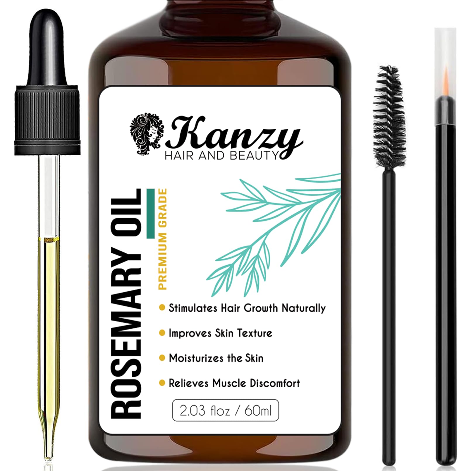 – Kanzy Rosemary Oil for Hair Growth 60ml, Pure Rosemary with Applicators for Dry, Damaged Hair, Beard, Eyebrow & Lash Growth, Itchy Scalp, Massage Oil & Skin Care