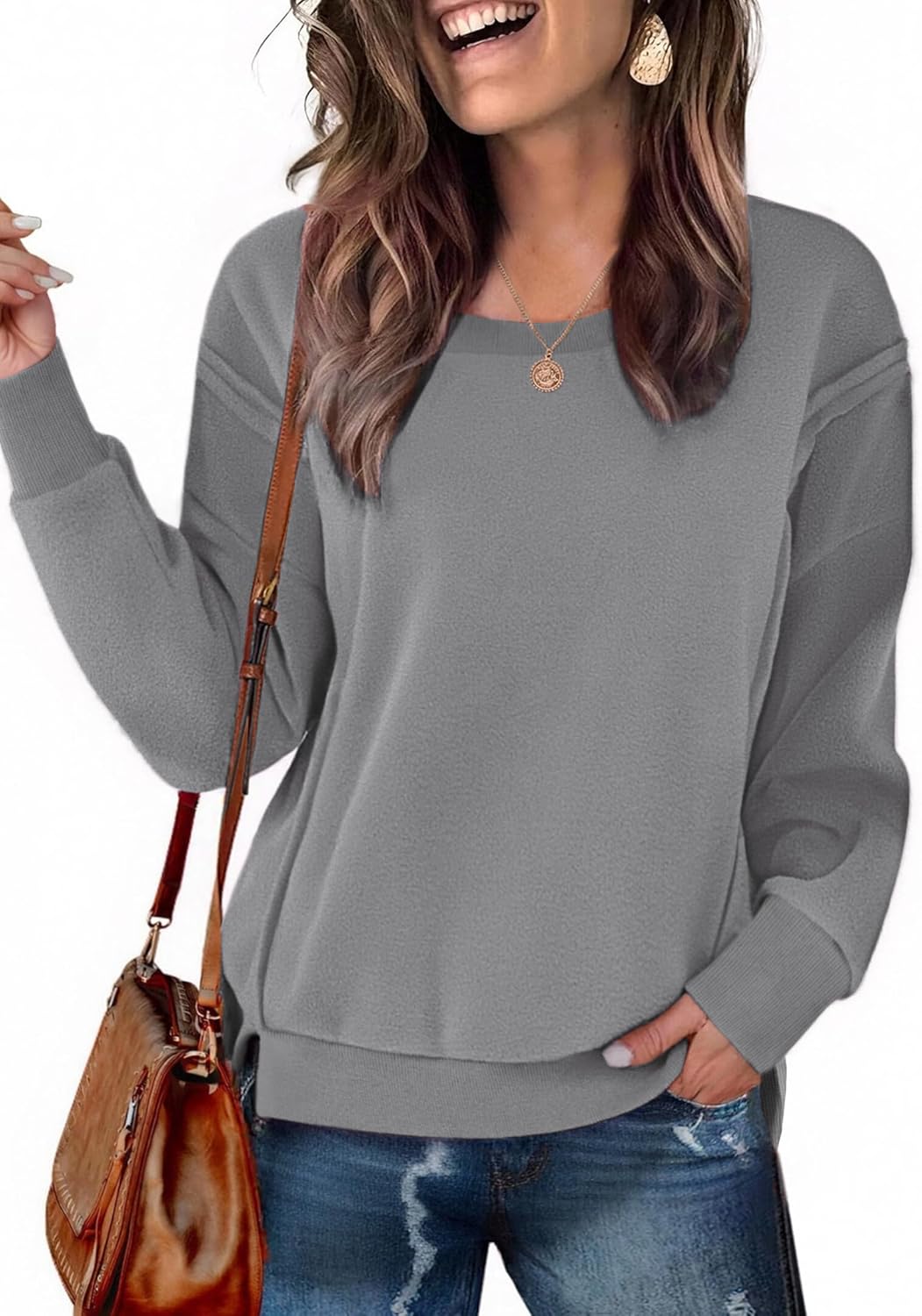 Zeagoo Women's Casual Sweatshirts Crewneck Long Sleeve Fuzzy Fleece Jackets Side Slit Midweight Pullover Fall Fashion 2025 - Image 2