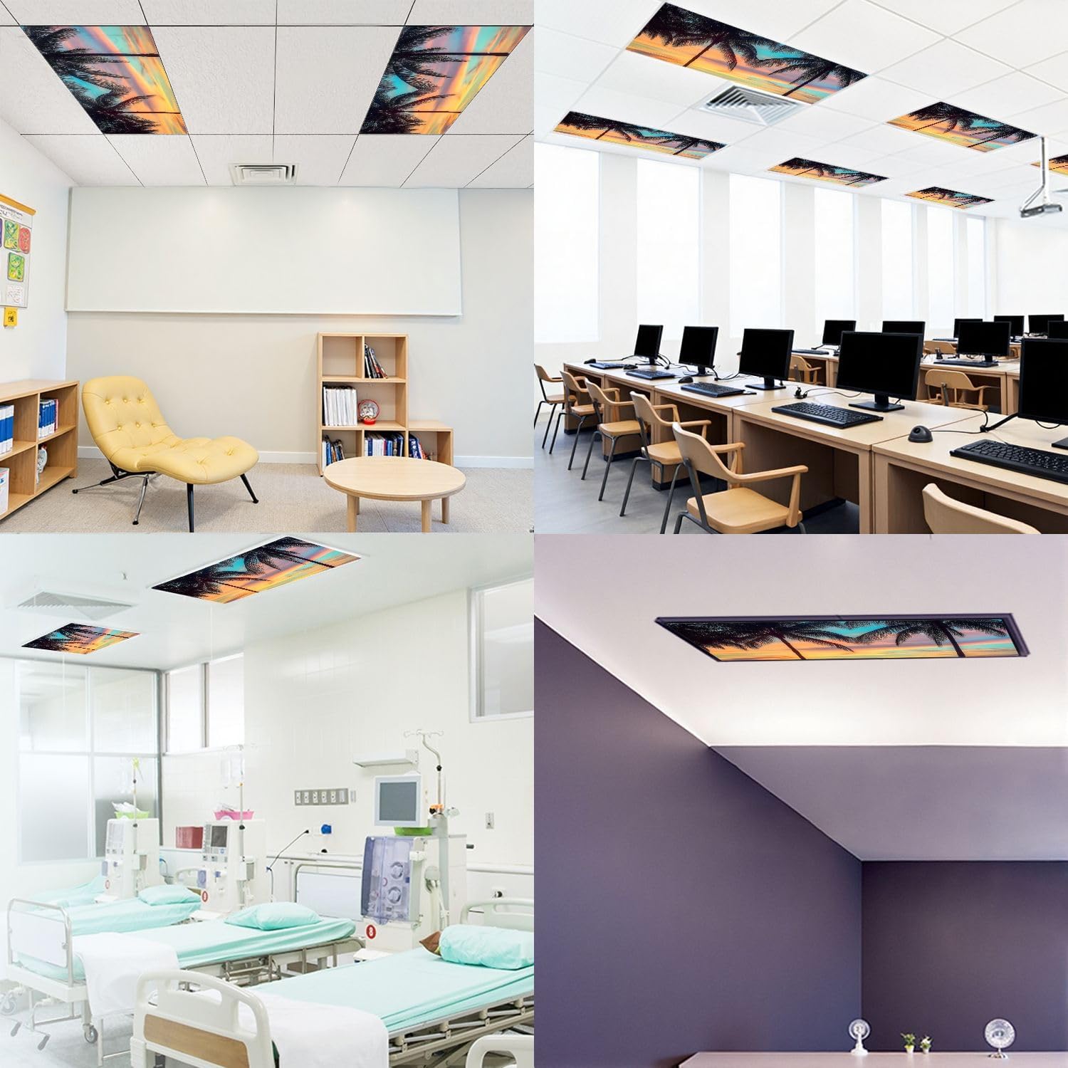 Fluorescent Light Covers for Ceiling Lights Sunrise Palm Trees Tropical Beach Summer Easy to Install Magnetic Light Filter for Classroom Office Hospitals School Home Decor