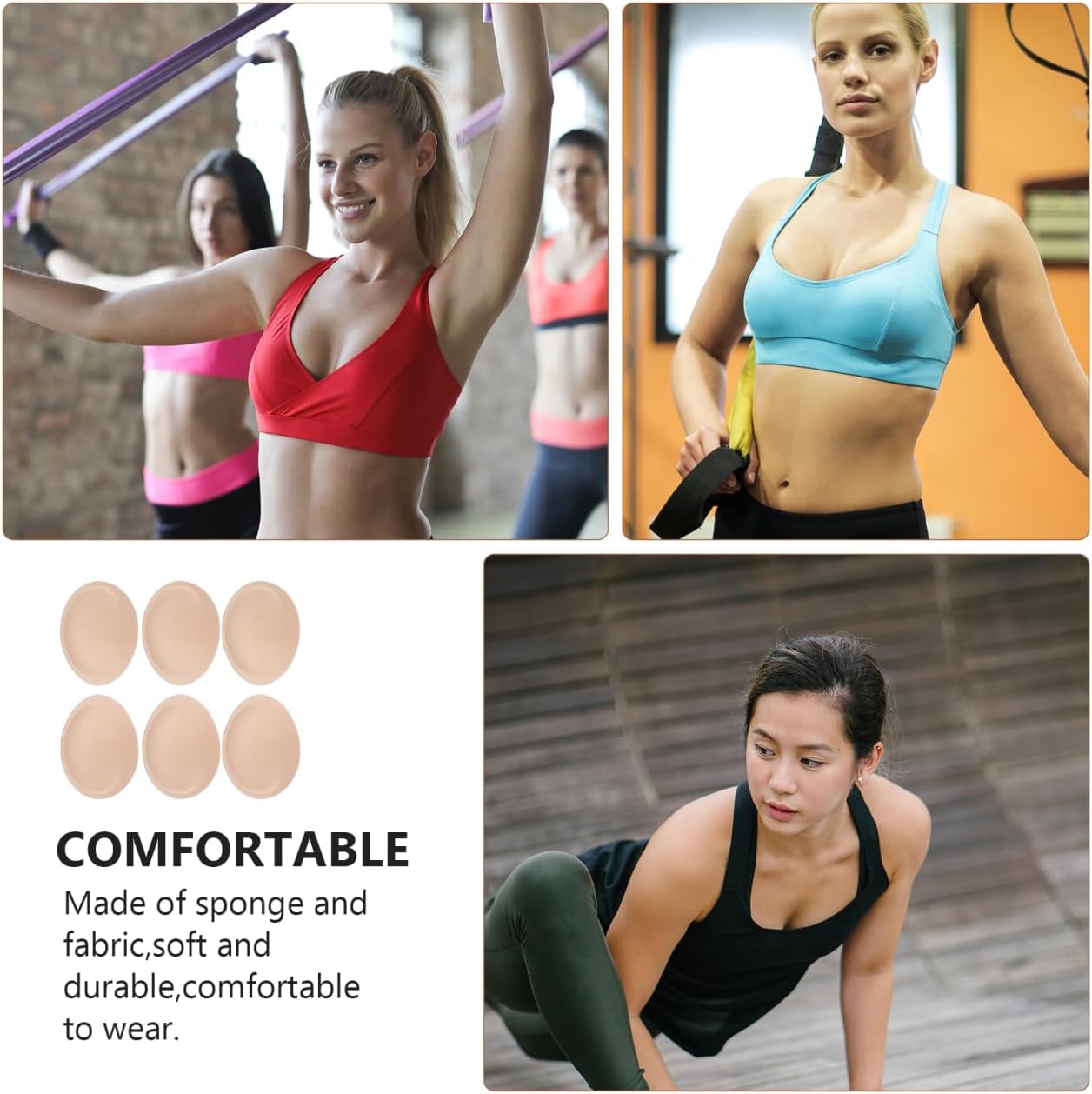 3Pairs Bra Pads Inserts Push up Sponge Bra Liners Milk Fiber Knit Fabric Skin Color M Size for Sports Yoga Swimwear Beige