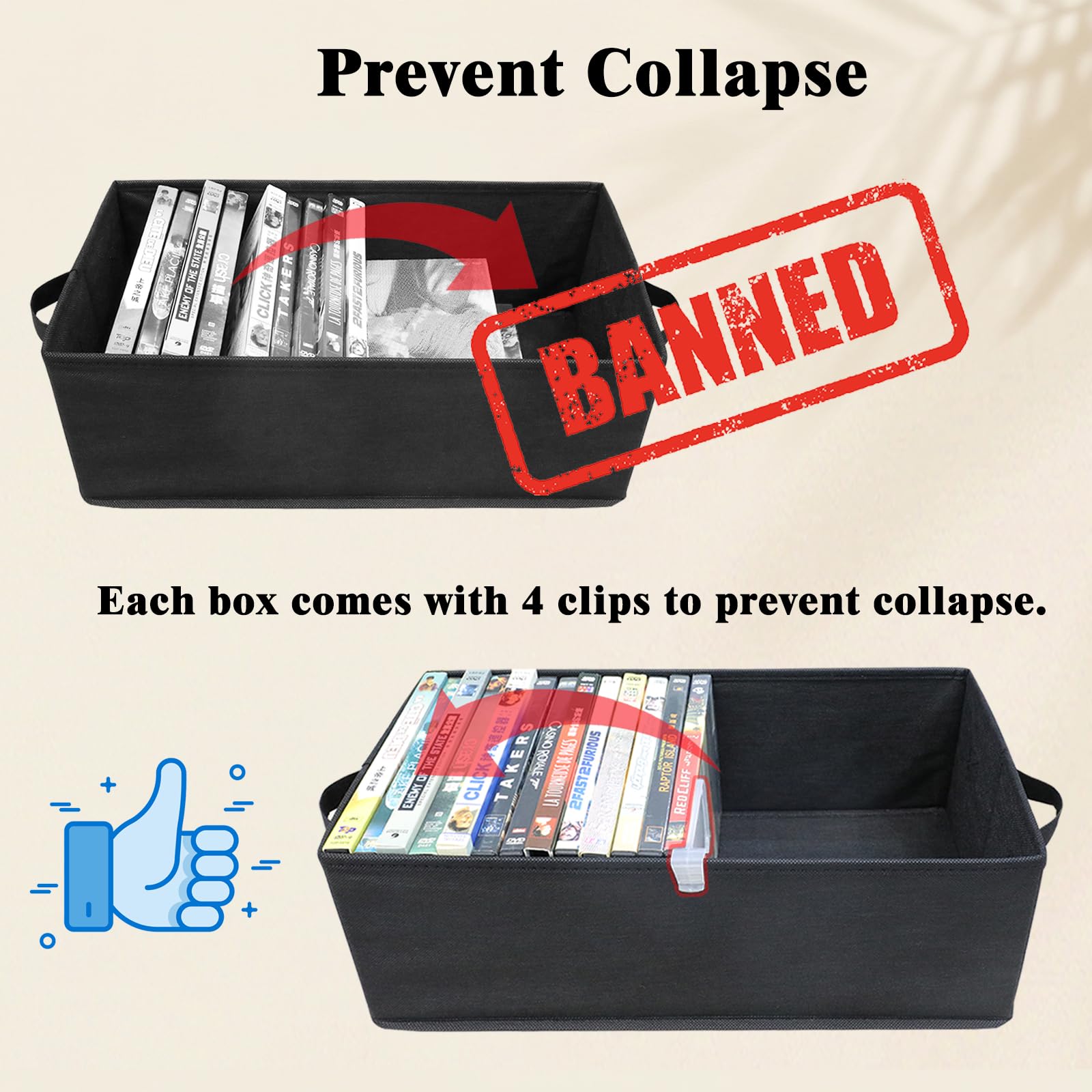 Lot de 4 boîtes de rangement pour DVD avec couvercle, empilables en tissu pouvant contenir jusqu'à 104 DVD (26 chacun), également idéales pour ranger des Blu-ray, des boîtiers de jeux vidéo