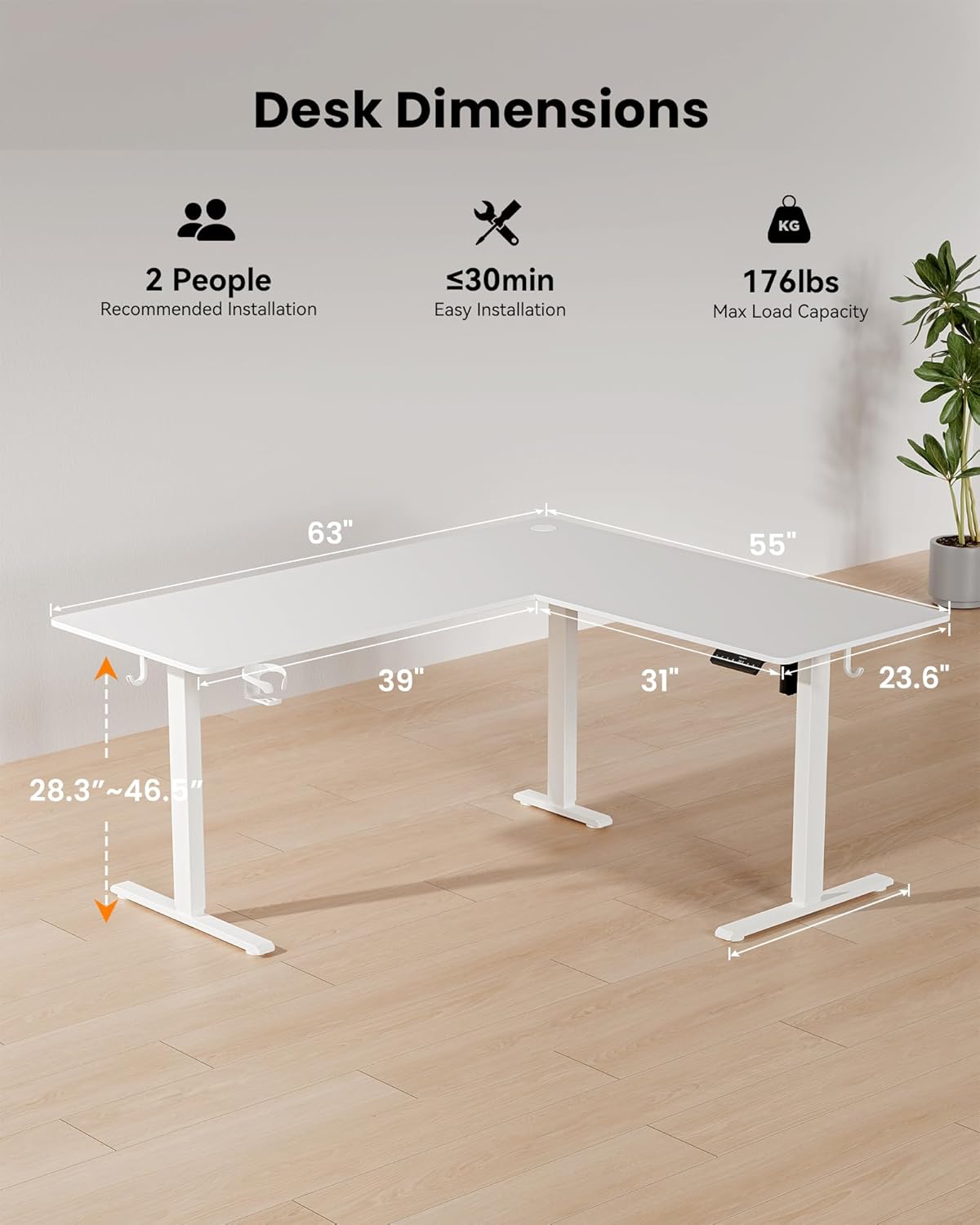 63 Inches Reversible L Shaped Standing Desk for Home Office, Electric Height Adjustable Corner Computer Desk, Sit Stand up Table with Cup Holder, Ergonomic Gaming Desk, White