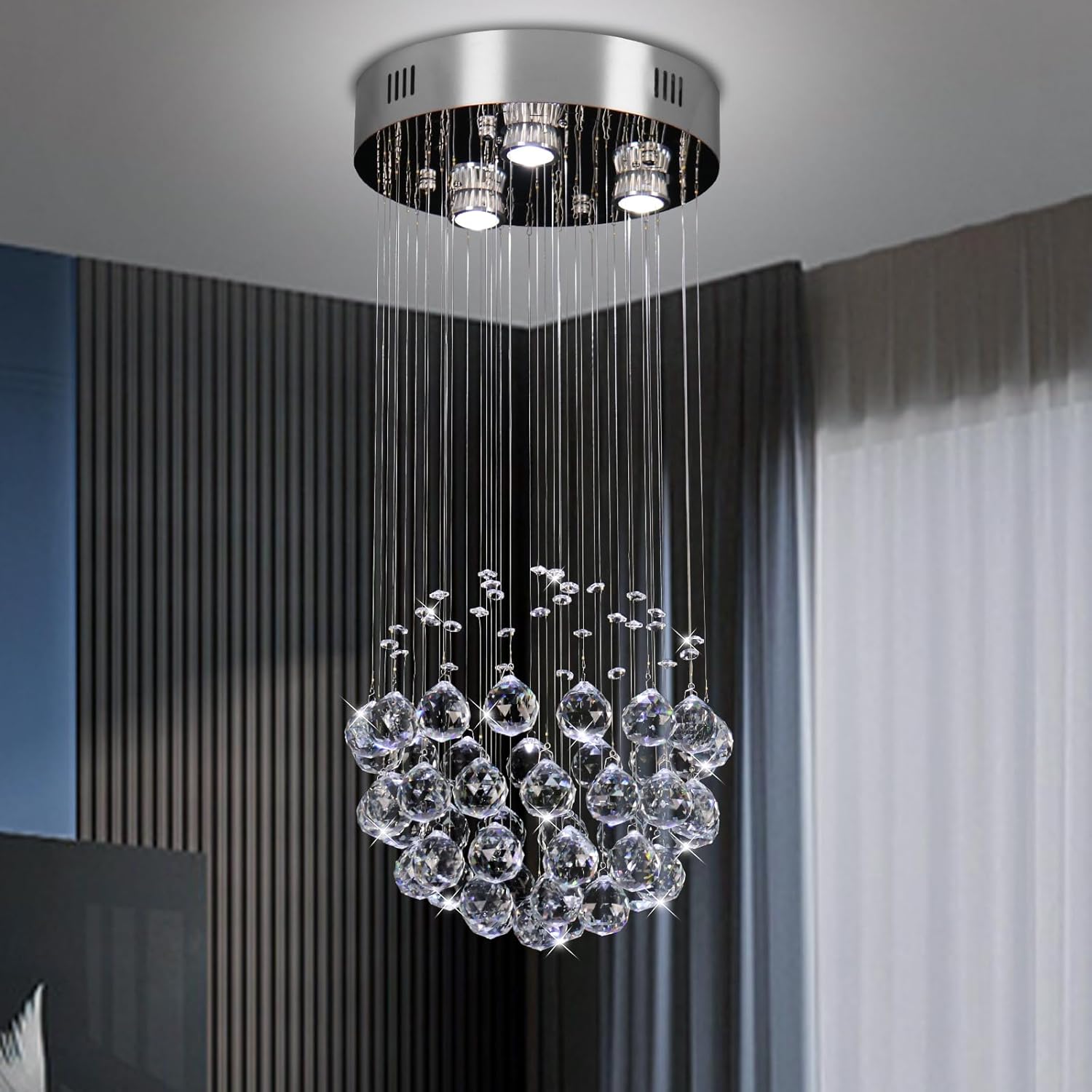 CLAIRDAI Modern Chandeliers Crystal Round Raindrop Chandelier Lighting Flush Mount Ceiling Light Fixture Crystal Raindrop Pendant Light for Living Entryway Room Dining Room,3*GU10 Bulbs