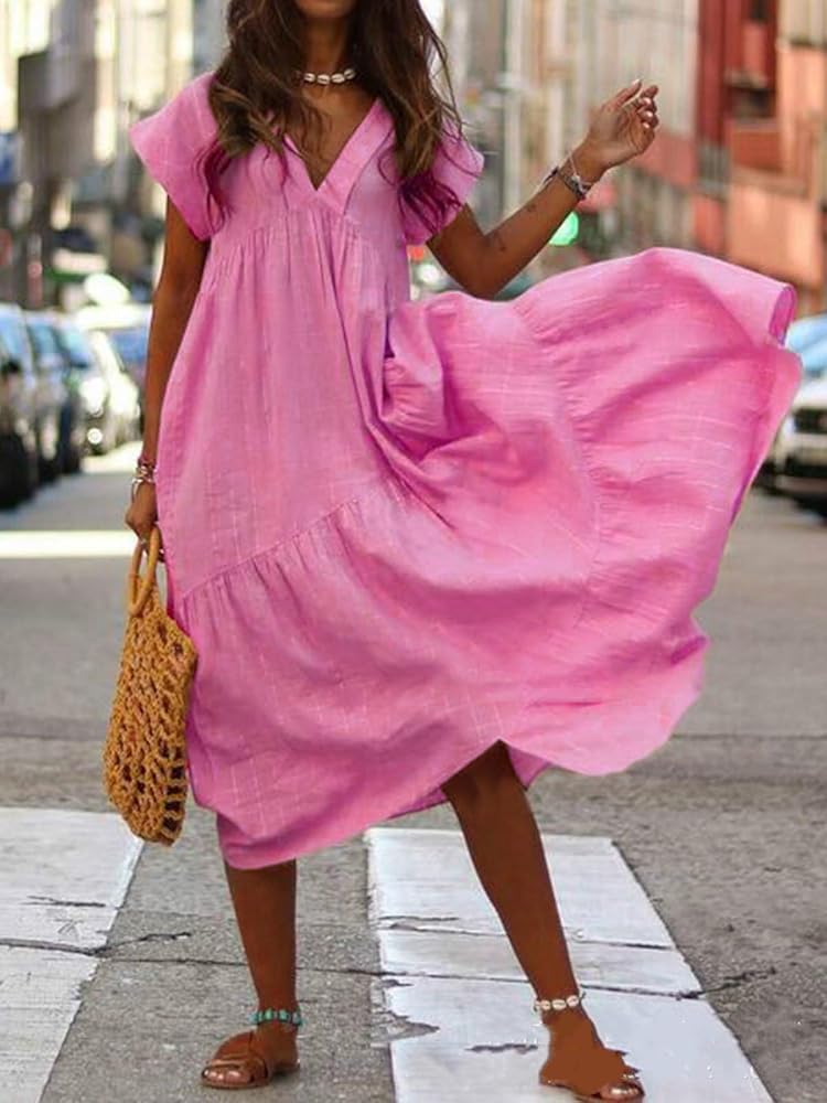 PRETTYGARDEN Maxivestidos De Verano Para Mujer, A La Moda, Casual, Cuello En V, Con Volantes, Manga Casquillo, Vestido Plisado De Primavera, Azul Verde, Pequeña