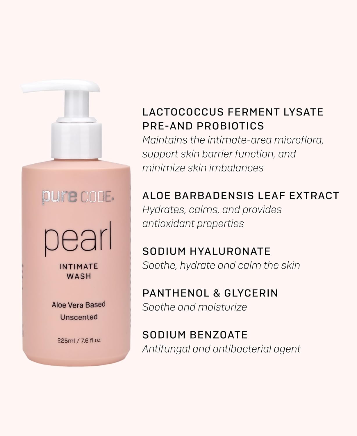 PURE CODE Aloe Vera-Based Pearl Intimate Wash - Gentle & Hydrating Intimate Cleanser for Skin Protection - Unscented Natural Feminine Wash Suitable for All Skin Types - 225ml