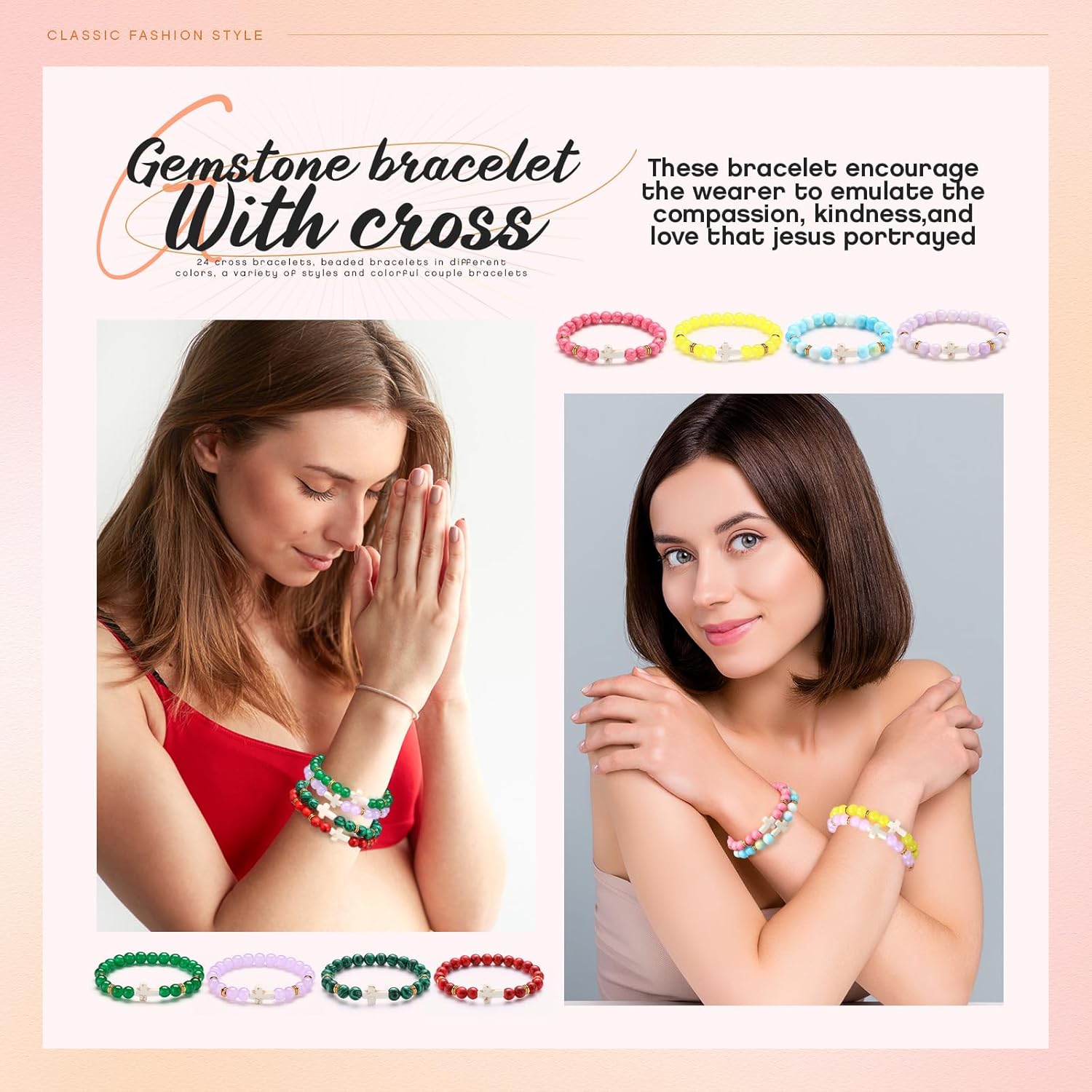 Huquary 24 Pcs Cross Beads Bracelet for Men Women 8mm Couple Cross Bracelets Black Christian Healing Lava Stone Stretch Turquoise Tiger Eye Stone Natural