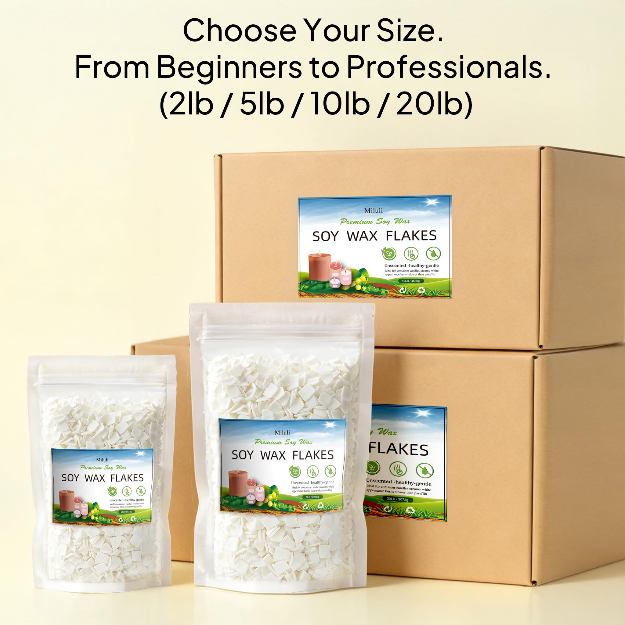 Miluli Copos de cera de soja 100 % natural para hacer velas, ecológicos, combustión limpia, suministros de velas de bricolaje, seguros y puros, 5 libras