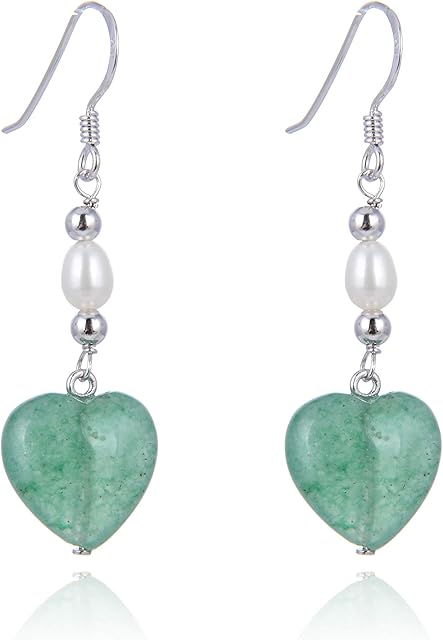 Jo & Co. Green Aventurine, Pearl and Sterling Silver Drop Earrings, Sterling Silver Beads and White Oval-Shaped Freshwater Pearl, Rhodium-Plated 925 Sterling Silver, Attractively Priced