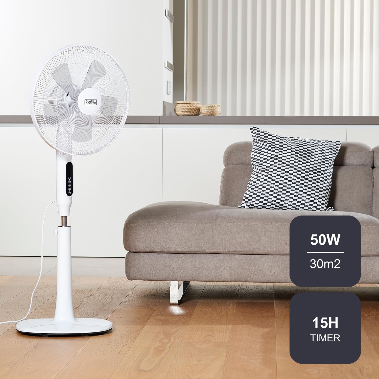 BLACK+DECKER - Standventilator 50 W | 3 Geschwindigkeiten | 3 Modi | Oszillierend | Höhe 110–115 cm | Touch-Bedienfeld | Fernbedienung | Timer 15 h | Runde Basis | Weiß