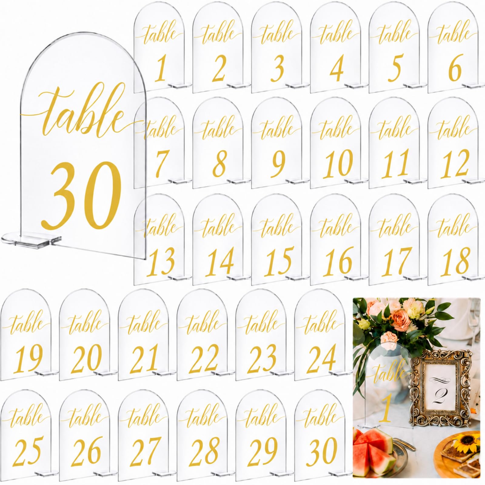 30 Sets Bogen Acrylschild Gold bedruckt 1-30 Tischschilder mit Ständer, Kalligraphie, transparenter Tischnummernständer für Hochzeit, Empfang, Veranstaltung, Party, Restaurant, Tafelaufsatz