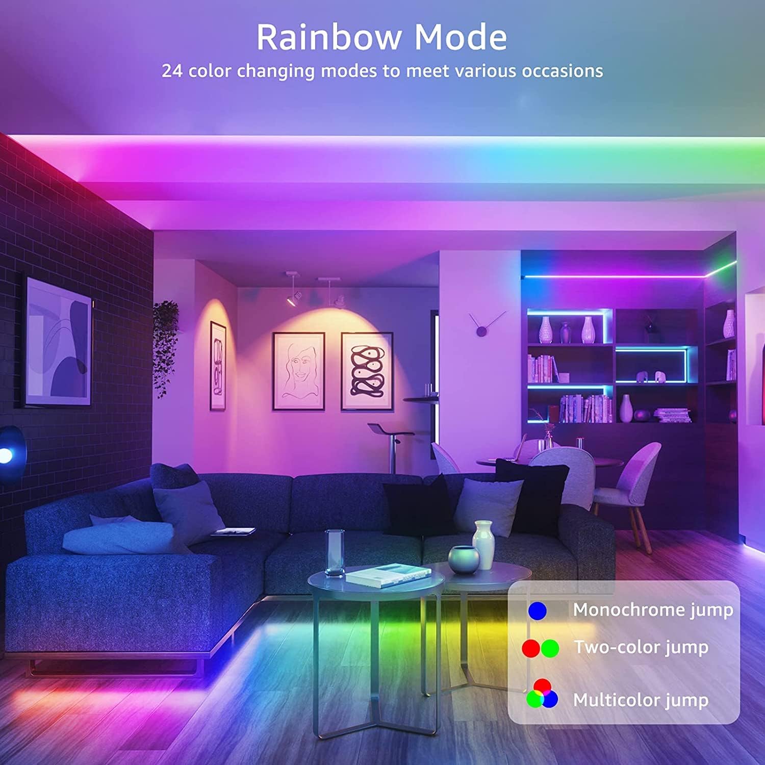 Olafus 32.8ft Smart RGB LED Strip Lights Kit, Power Adapter Tape Light with Remote, 24V 40 Scene Modes, 10m Bluetooth Color Changing Rope Lights kit with 300 LEDs Dimmable Color Changing