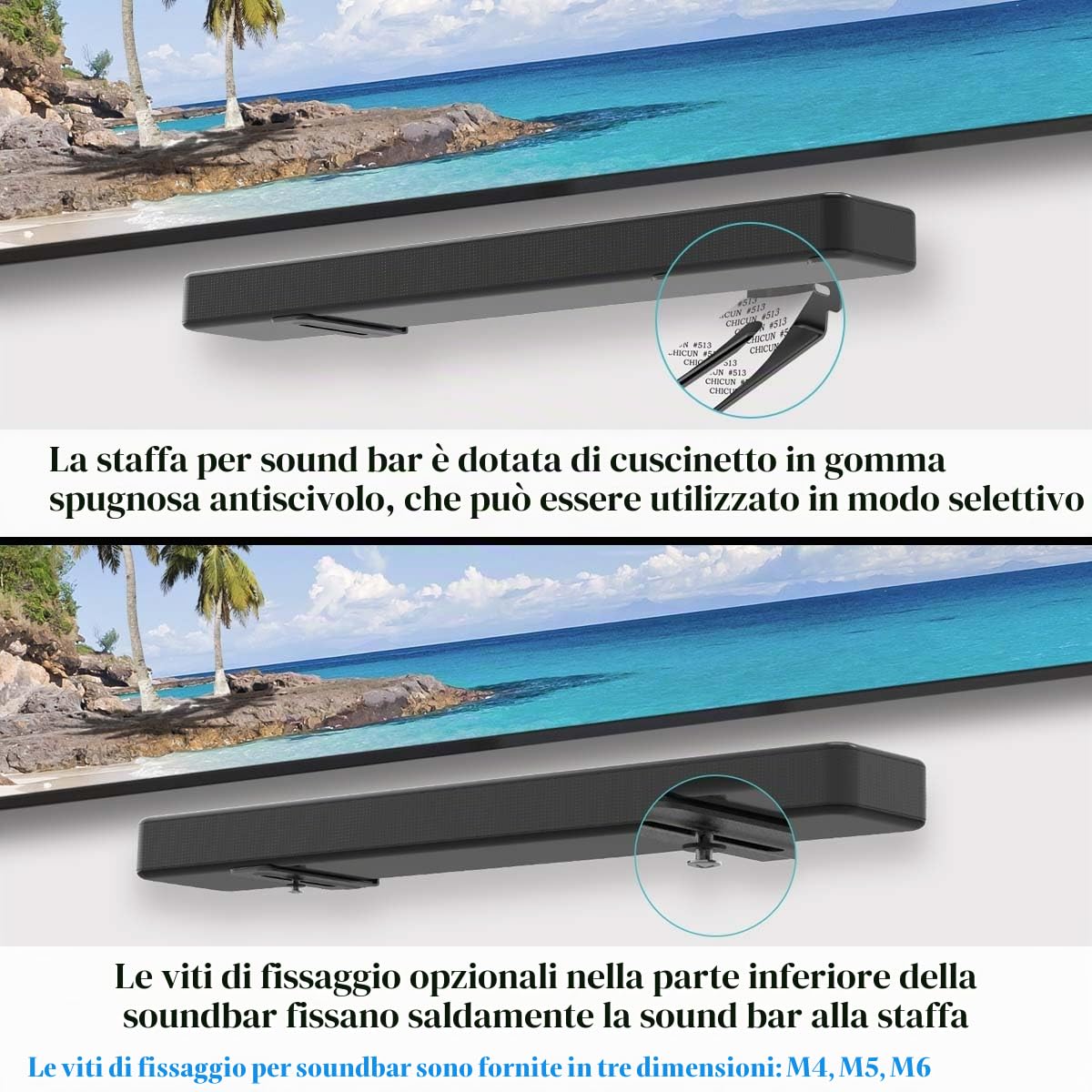 Supporto Soundbar,Universale Staffa Soundbar,Supporto Soundbar Appesa Sotto La TV,Facile Da Installare,Con Accessori,Portata Massima 12kg,Nero