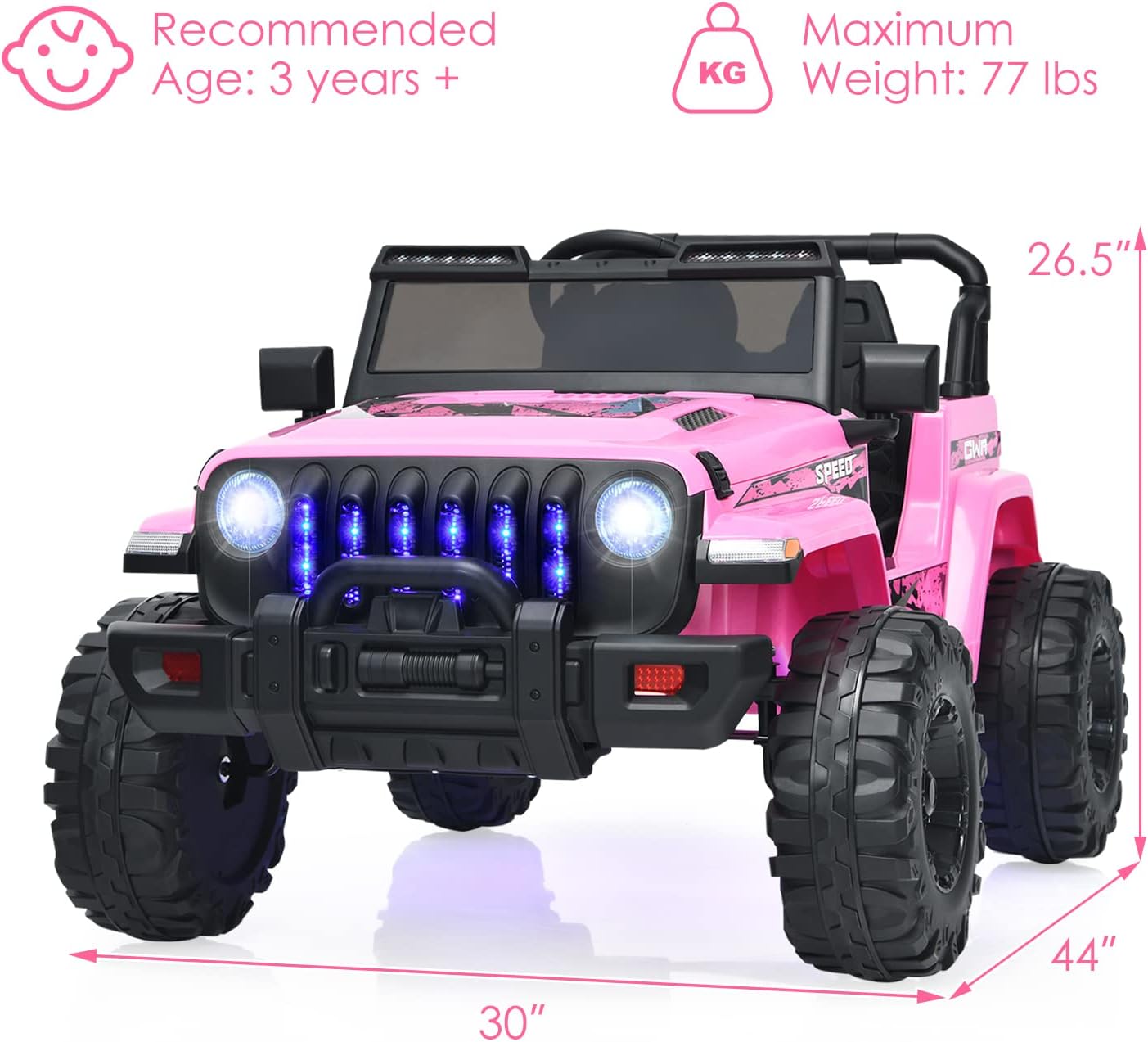 OLAKIDS Kids Ride on Truck, 12V Electric Vehicle with Remote Control, Battery Powered Toddler Car with Music, Horn, 3 Speeds, LED Lights, Bluetooth, USB, Radio (Pink)