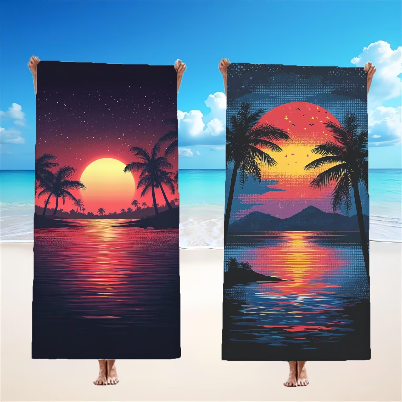 Mikrofaser Strandtuch 90x200cm, Sonnenuntergang Strandtuch Meer 2er Set, Saunahandtuch Stranddecke Sandfrei Saugfähig Schnelltrocknendes Leichtes Sporthandtuch für Pool Strand Yoga Geschenke, Model257