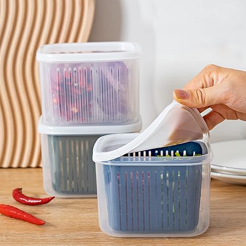 Miniatura 6 de 2 recipientes de almacenamiento de frutas y verduras, contenedor de alimentos con canasta de drenaje, recipiente fresco, organizador de frutas y
