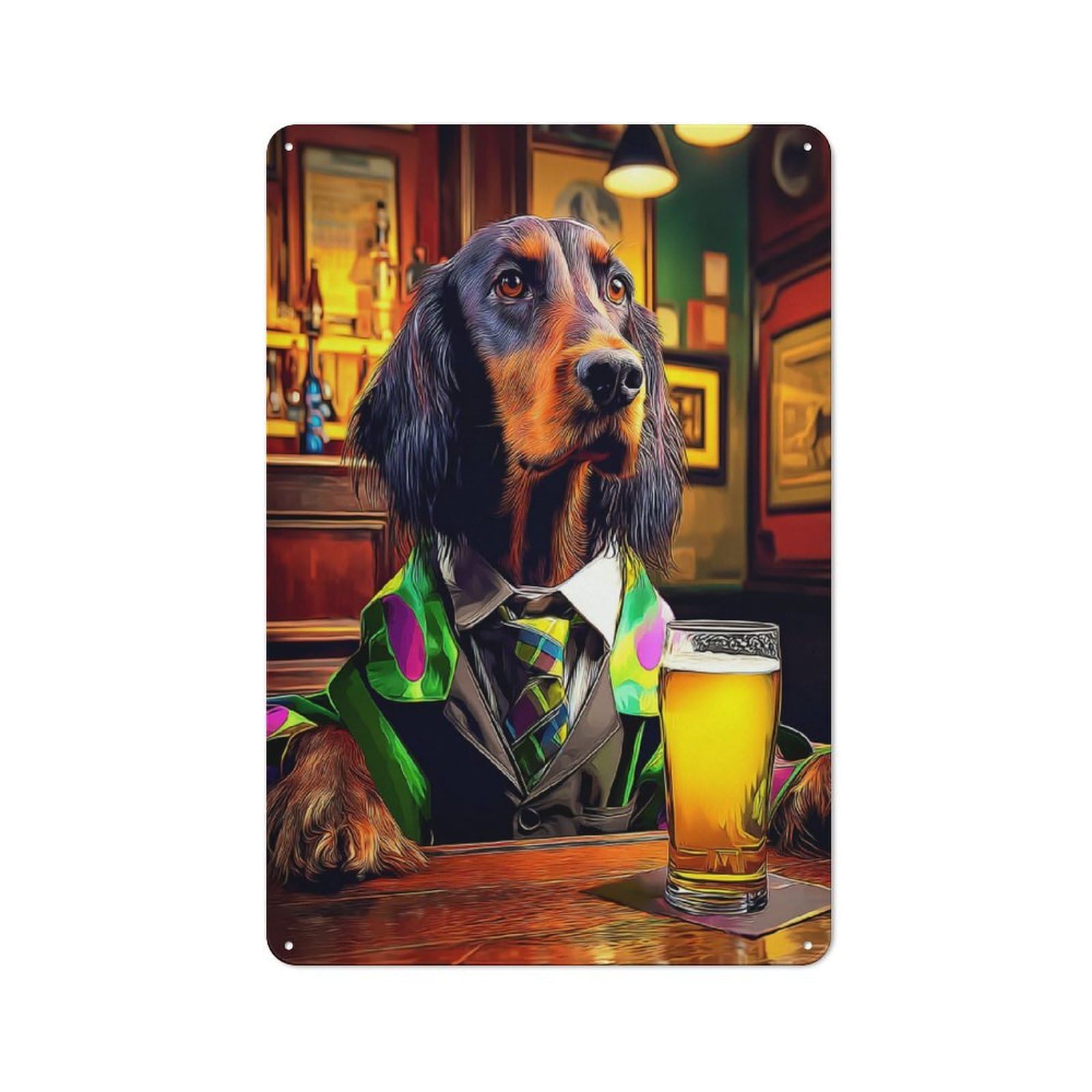 Junmoney Dog In Suit Enjoying Beer At Bar -2 Metal Wall Sign 30X20cm Featuring For Café Or Restaurant, A Decorative Metal Sign For Cafés And Restaurants