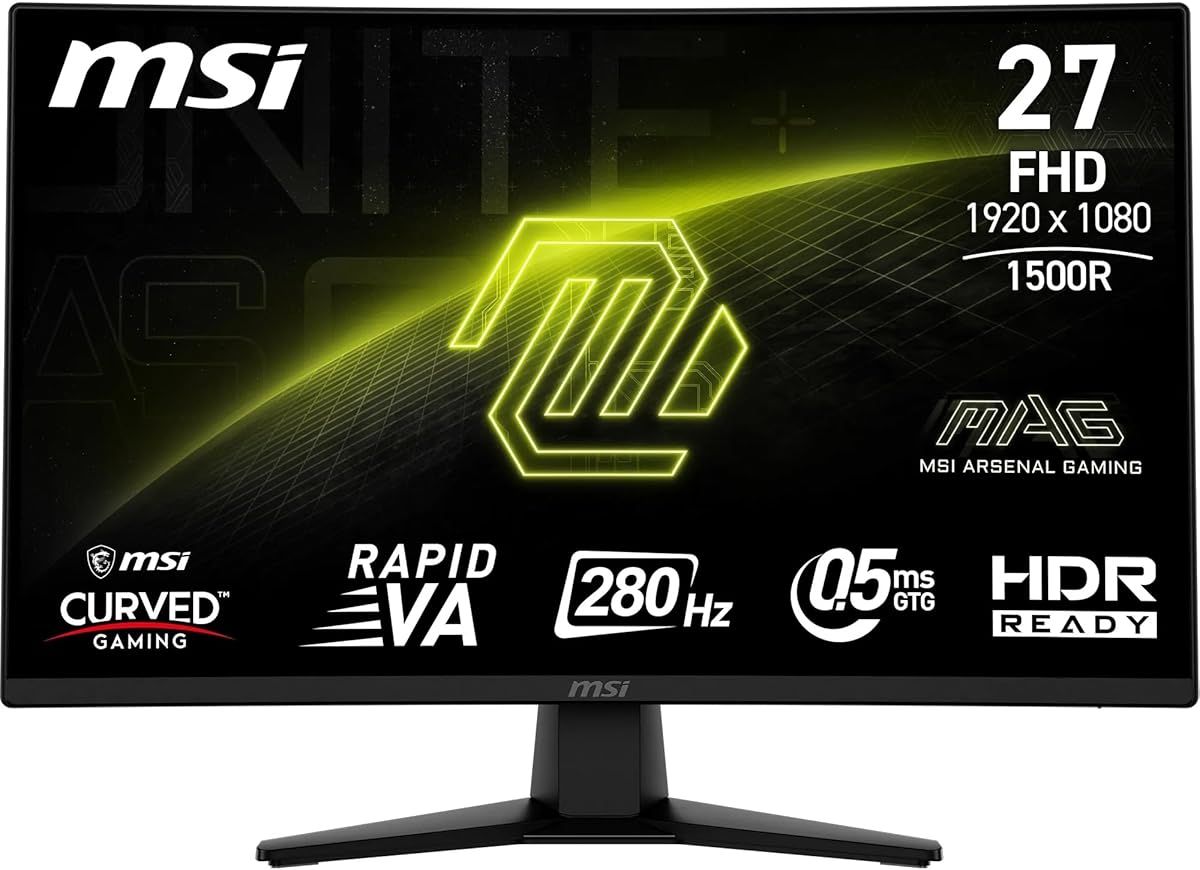 MSI MAG 274CXF 27 Inch FHD Curved Gaming Monitor - 1500R 1920 x 1080 Rapid VA Panel, 280 Hz / 0.5ms (GtG, Min.), Adaptive Sync - DP 1.2a, HDMI 2.0b CEC