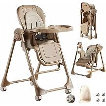 2-in-1 Dining Mode and Swing Mode Baby High Chair Toddler Feeding Dining Chair, Multifunctional Foldable High Chair, with Detachable Double Trays and Wheels X8121 Khaki