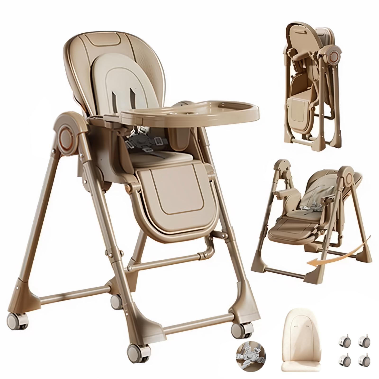 Magic ZC Pelle PU Seggiolone per Bambini Sedia da Pranzo per Multifunzionale Pappa Regolabili Convertibile Pieghevole con Doppi Vassoi Staccabili e Ruote (X8121 Khaki)
