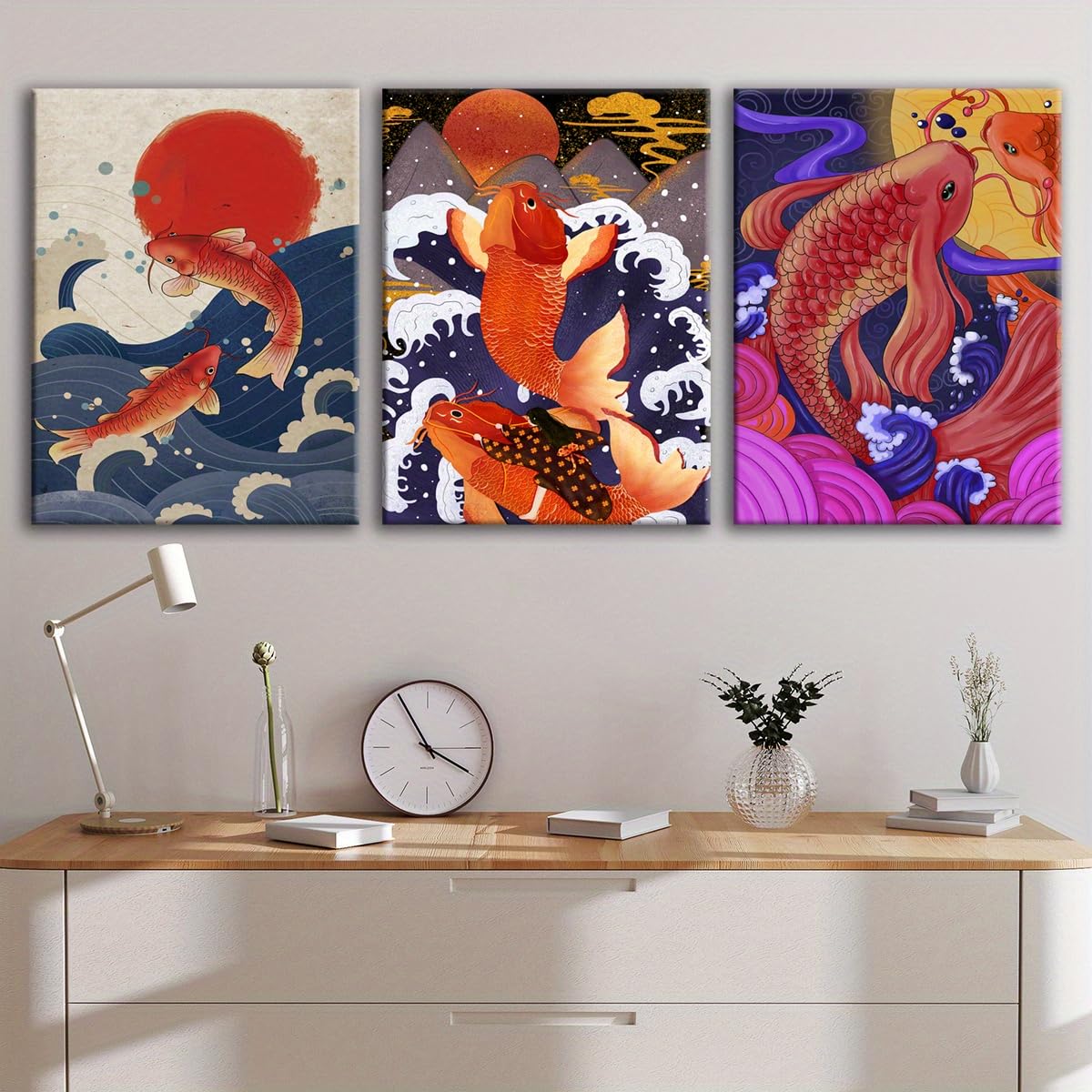 Cuadro decorativo de pared japonés con diseño de olas y peces koi (3 piezas), ideal para sala de estar o dormitorio (70x90cm x 3/Sin marco).