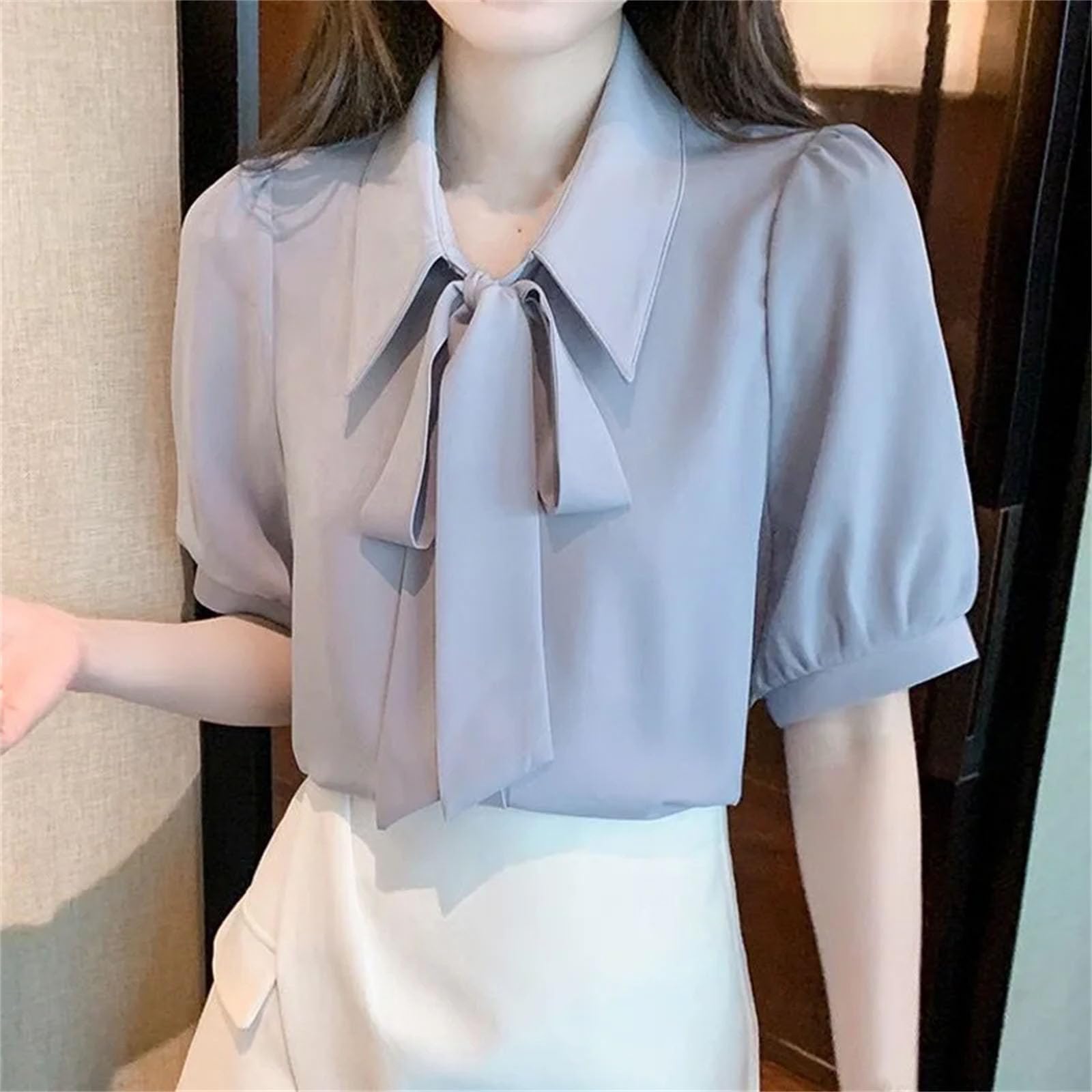 Elegante camisa de manga corta con lazo blanco, blusa suelta, de color liso, para mujer