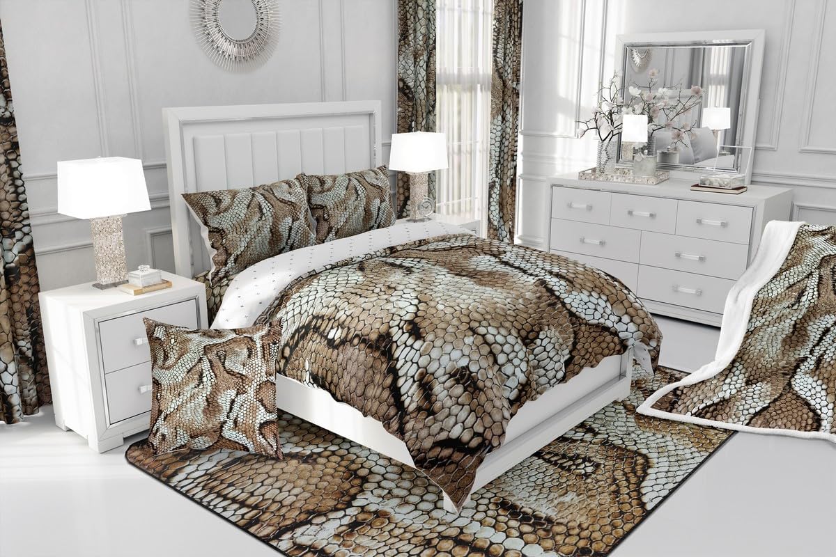 Snake Comforter Set Queen Brown Snakeskin Comforter Set for Woman Man Adult Wild Reptile Down Comforter Tropical Wildlife Duvet Filler Exotic Tribe Tropical Desert Wild Animals Bedroom Decor