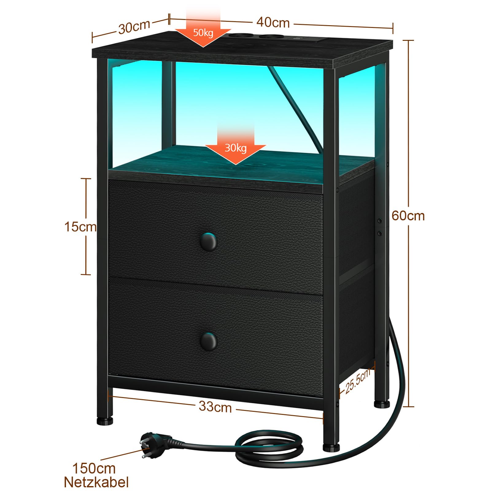 AMHANCIBLE Nachttisch mit LED-Leuchten, Beistelltisch mit Ladestation, 3-stufiger Sofatisch mit 2 Stoffschubladen, Nachtschrank aus Holz mit offenem Regal für Schlafzimmer, Wohnzimmer EHETS02BK-1