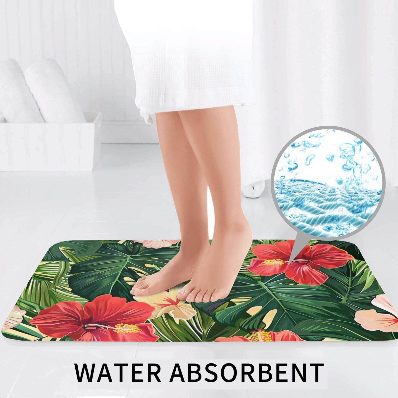 Lot de 3 tapis de bain antidérapants et absorbants en flanelle avec motif feuilles végétales et fleurs d'hibiscus