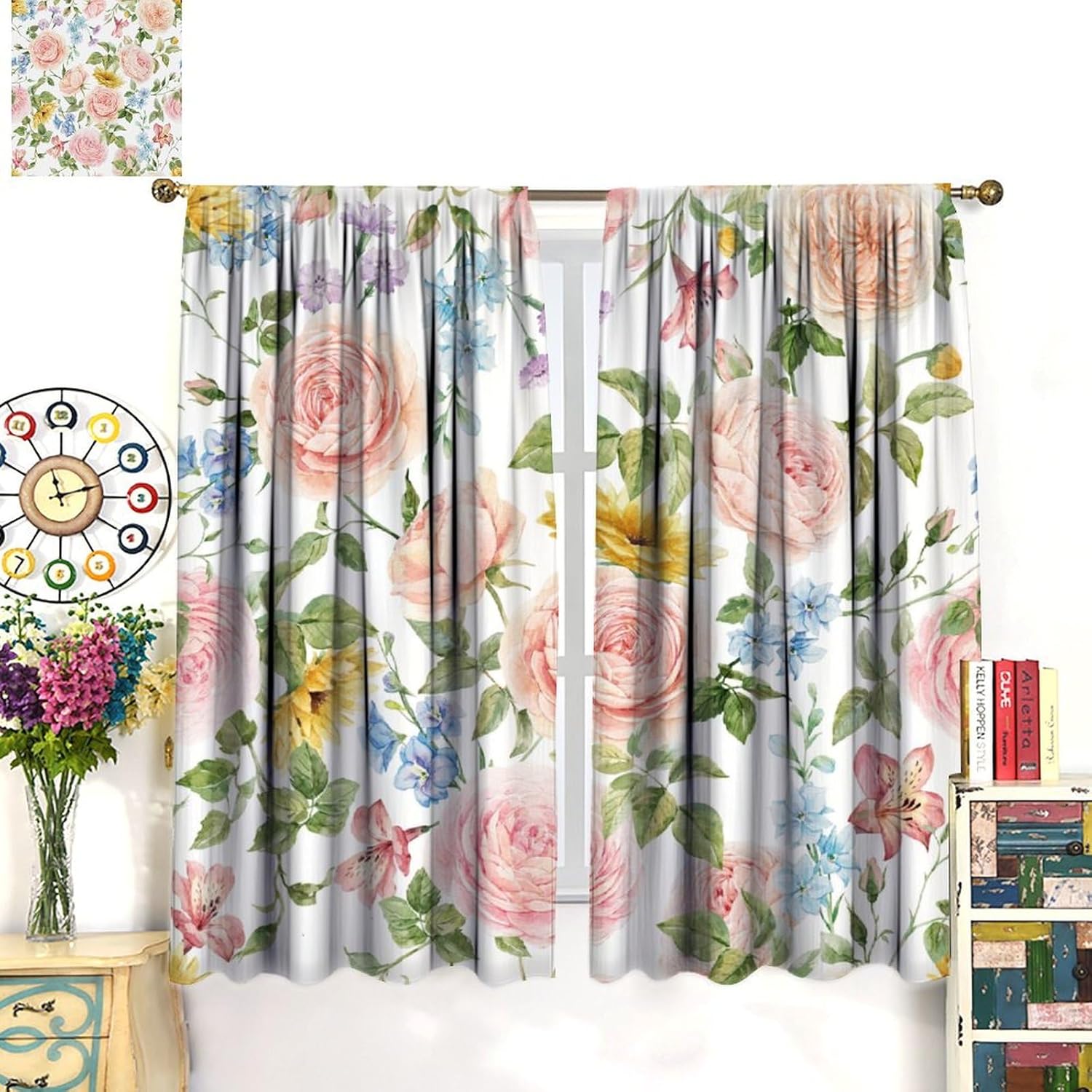 Colorful Floral Curtains Watercolor Spring Botanical Aesthetic Wildflower Nature Rustic Art Printed for Girls Women Bedroom Living Room Rod Pocket Decoration Window Drapes 2 Panels W42xL84in