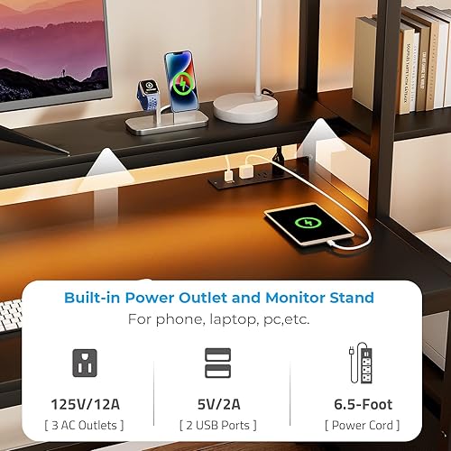 Miniatura 6 de GreenForest Escritorio de oficina con tomas de corriente y estante para impresora, escritorio de computadora de 59 pulgadas con LED y cajón,