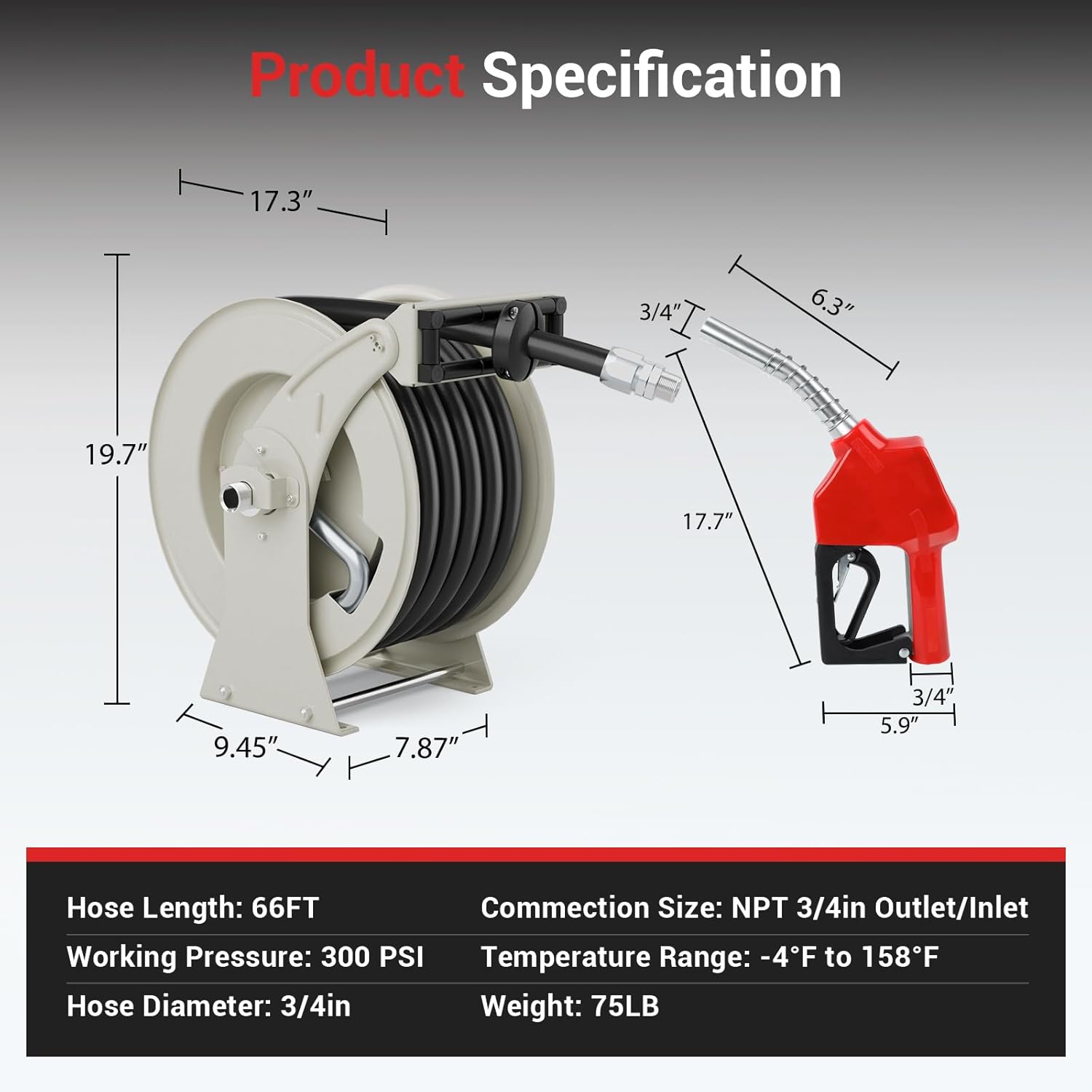 Diesel Fuel Hose Reel 3/4 Inch x 66ft, Fuel Hose Reel with Fueling Nozzle 300PSI Retractable Industrial Heavy Duty Swivel Steel Construction Reel for Ship Vehicle Tank Truck Trailer Cart