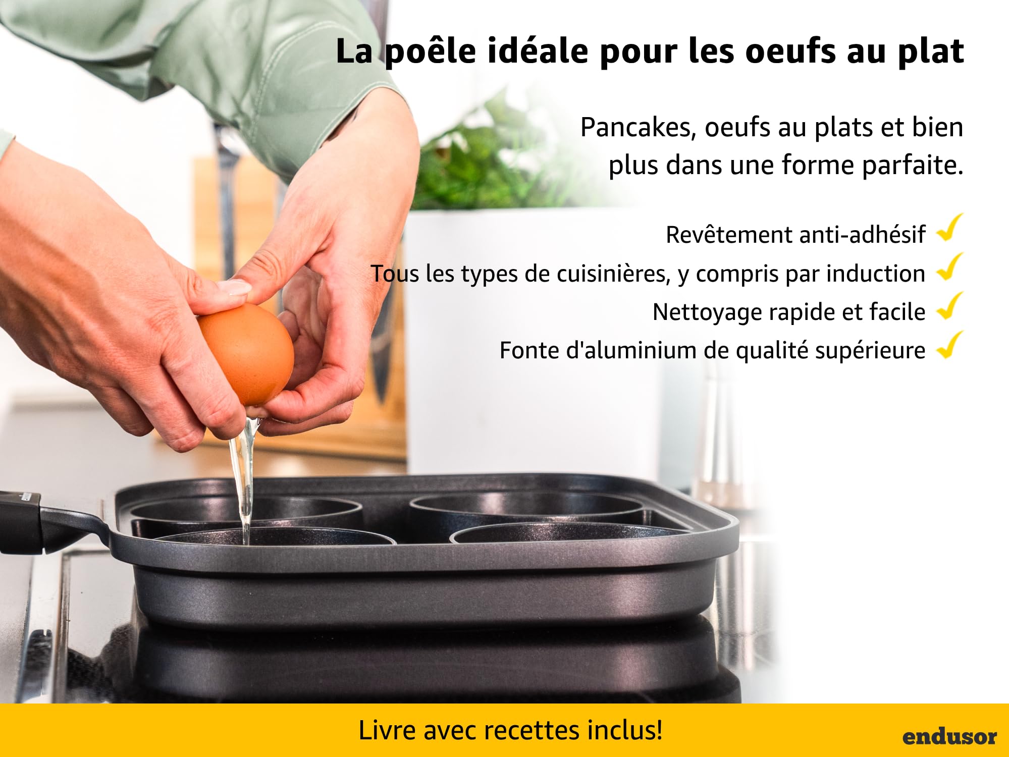 endusor Poele Pancakes et oeuf au plat - Poele de 27 cm adaptée à toute cuisinière + revêtement anti-adhésif & couvercle | Induction Gaz Céramique Électrique Halogène | 4 trous pour oeuf crêpe
