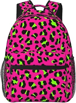 80s Neon Pink Fuchsia Lime Green Leopard Backpack Large Capacity Handiness Casual Travel Backpack 11.4X7.8X15.7 inch