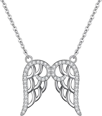925 Sterling Silver Full Cubic Zirconia Double Angel Wing Pendants Necklace for Women Clear, 16.5"+1.3" Extender, Valentine's Day/Mother's Day/Christmas Jewelry Gift for Wife/Mom