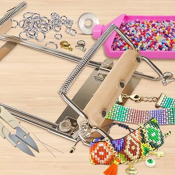 hobbyworker The Second Generation Adjustable Bead Loom Kit with Seed Beads,Large Eye Curved Beading Needle, Funnel Tray,Lobster Clasp,Open Ring and Bead Mat for Jewelry Making kit
